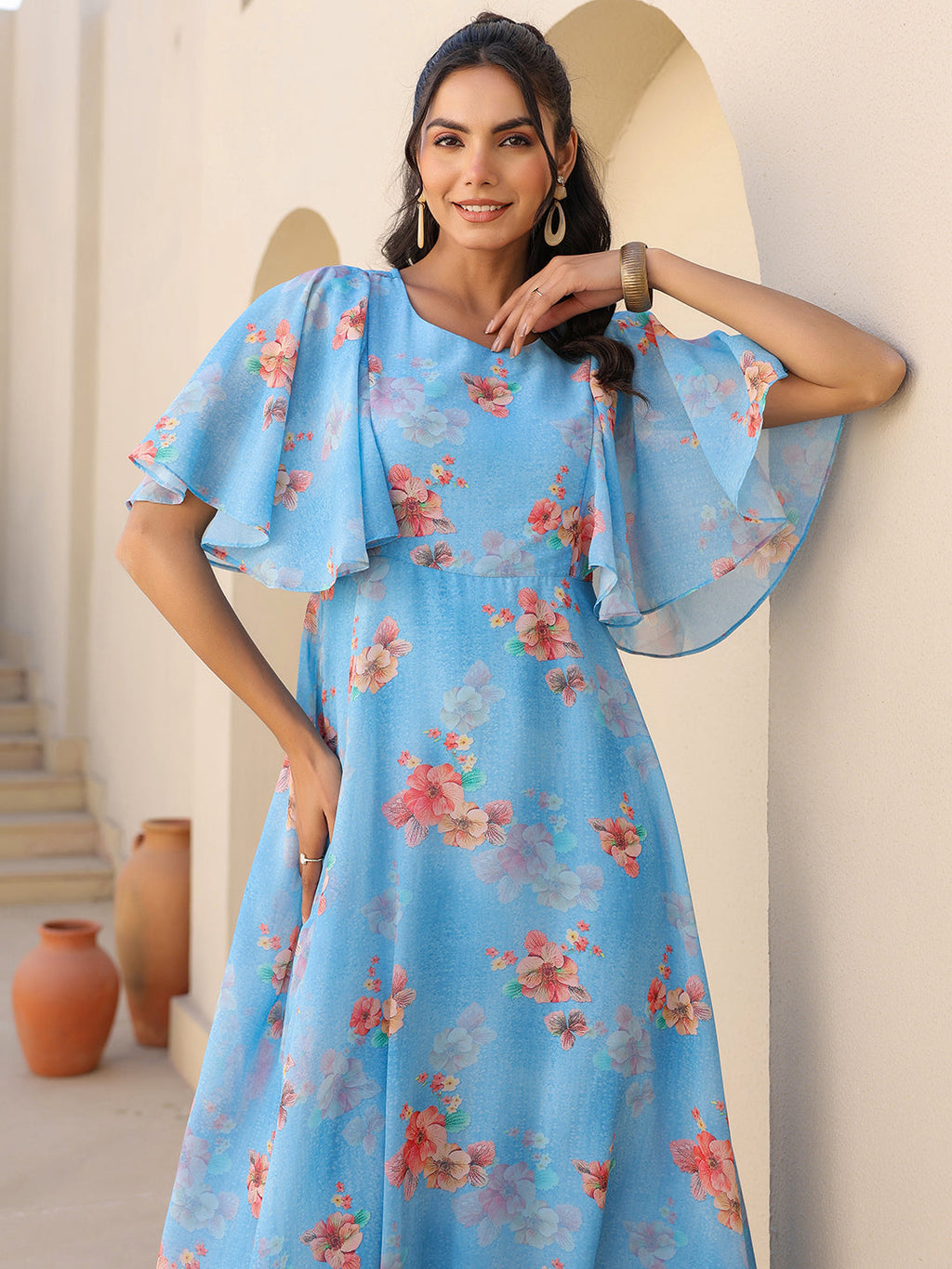 Janasya Bright Georgette Floral A-Line Dress