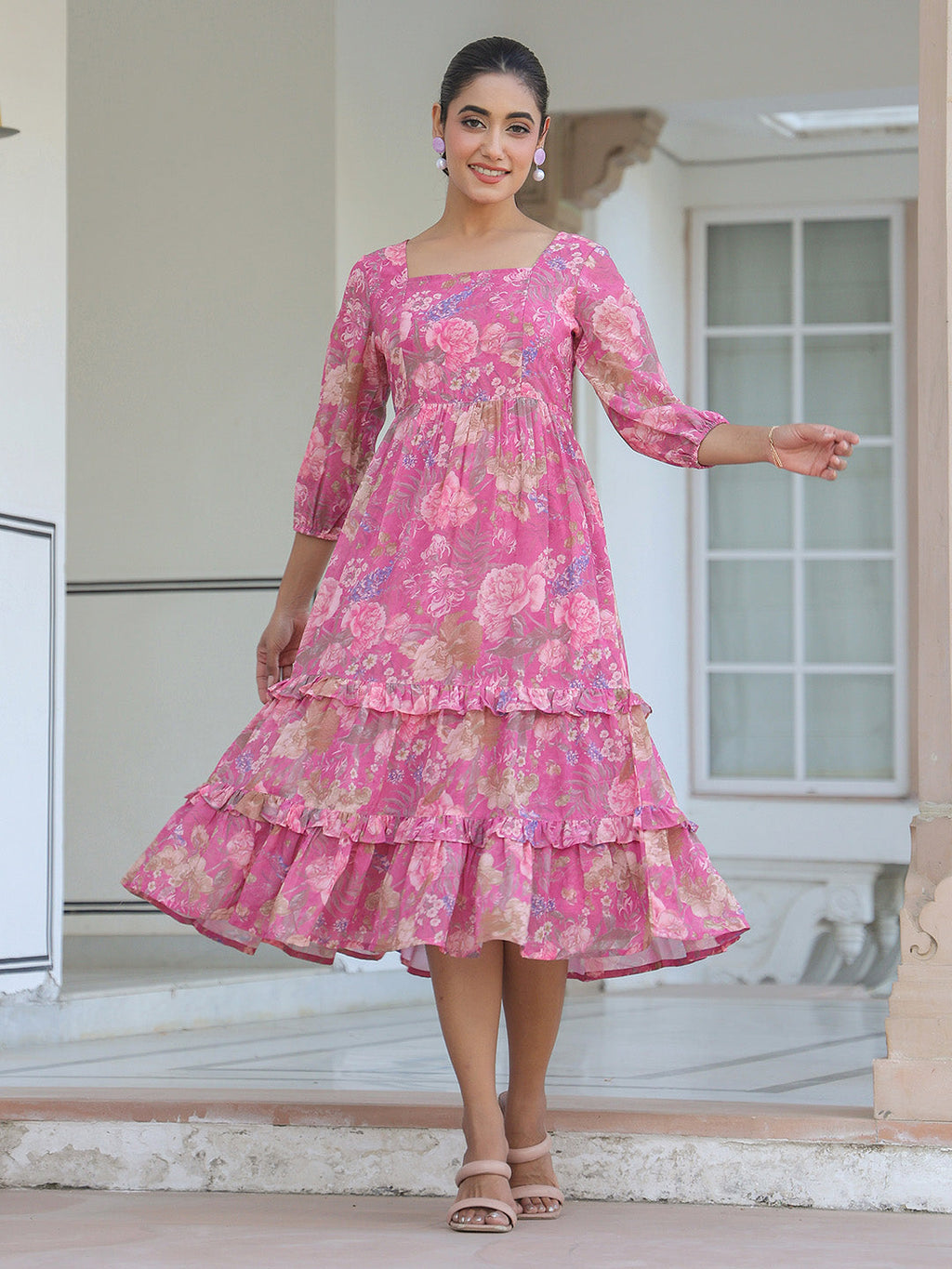 Janasya Dark Georgette Floral Tiered Dress