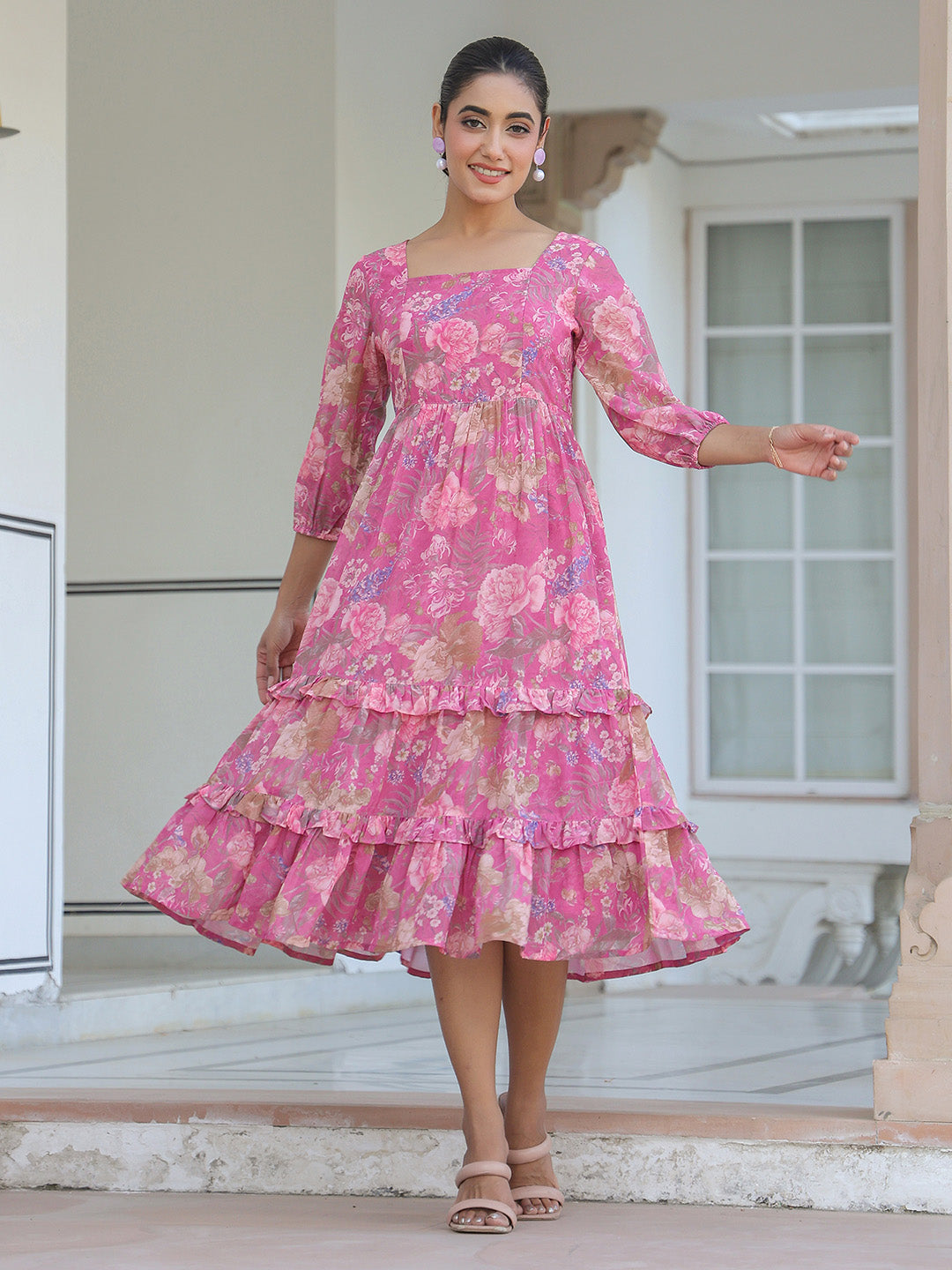 Janasya Dark Georgette Floral Tiered Dress