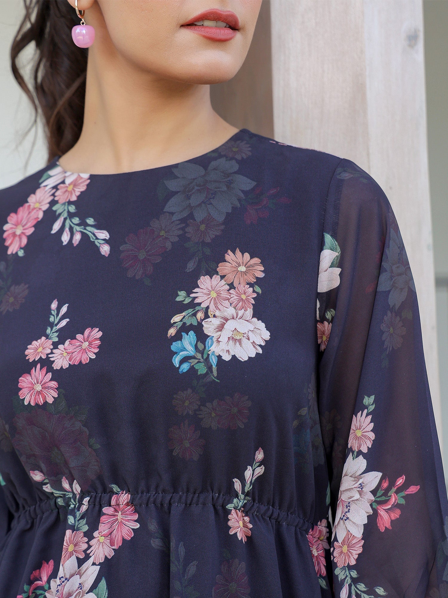Janasya Dark Georgette Floral A-Line Dress