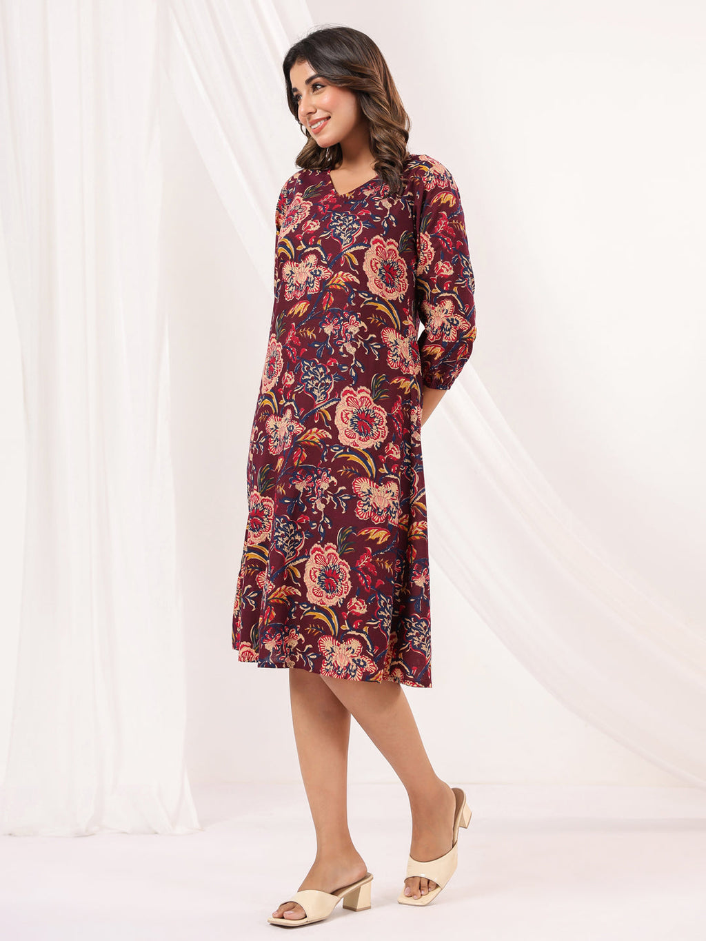 Janasya Dark Cotton Floral A-Line Dress