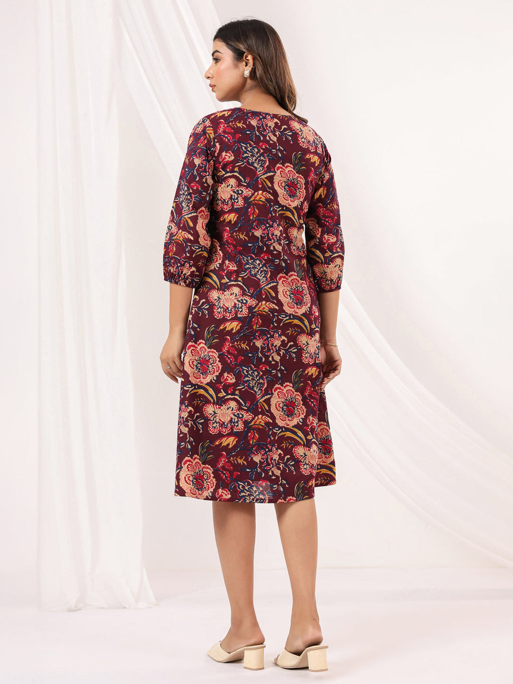 Janasya Dark Cotton Floral A-Line Dress