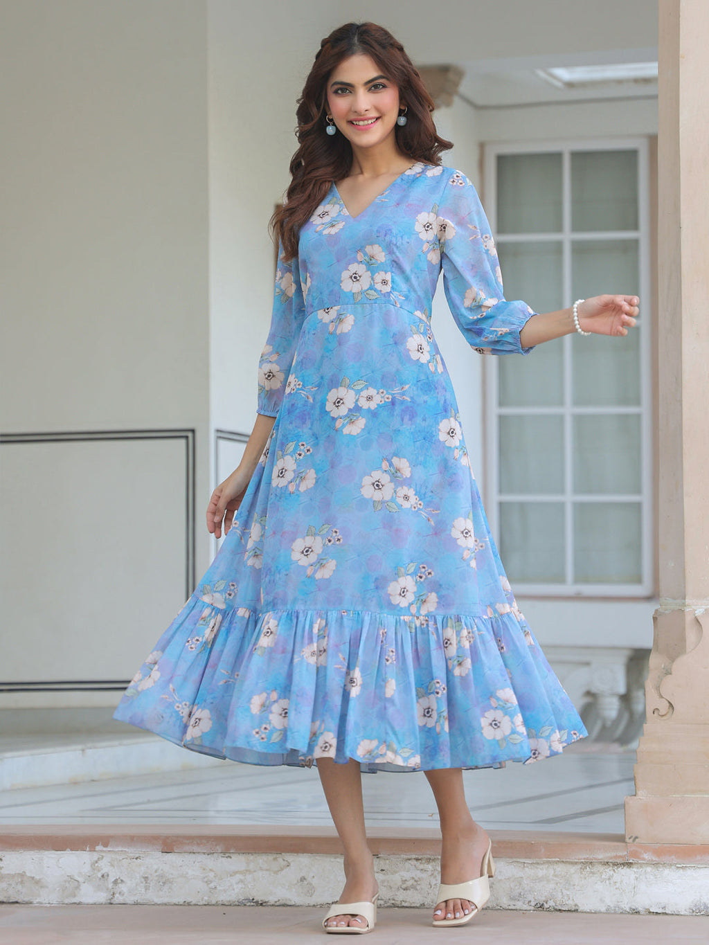 Janasya Light Georgette Floral A-Line Dress