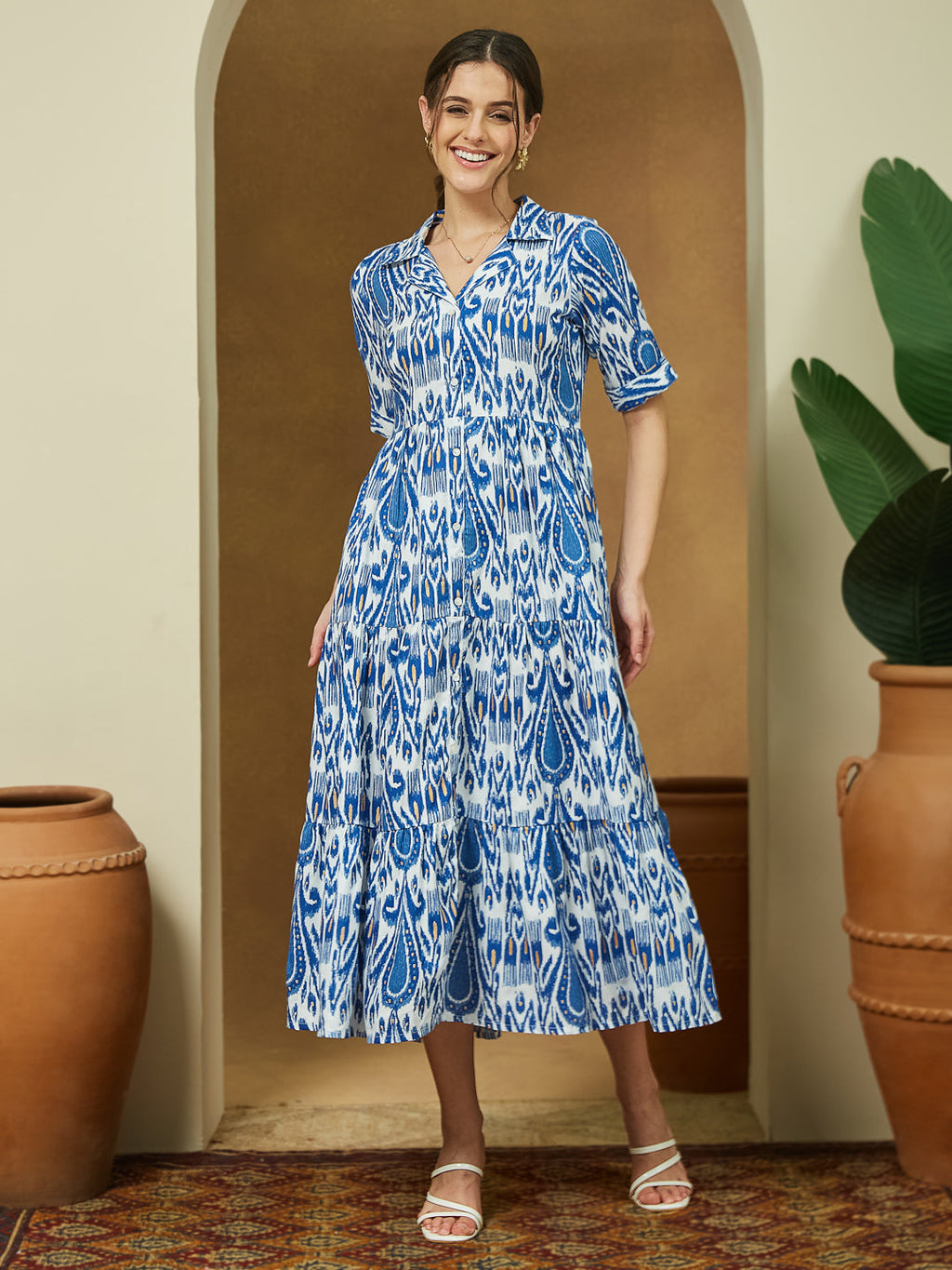 Janasya Bright Flex Ikkat Tiered Dress
