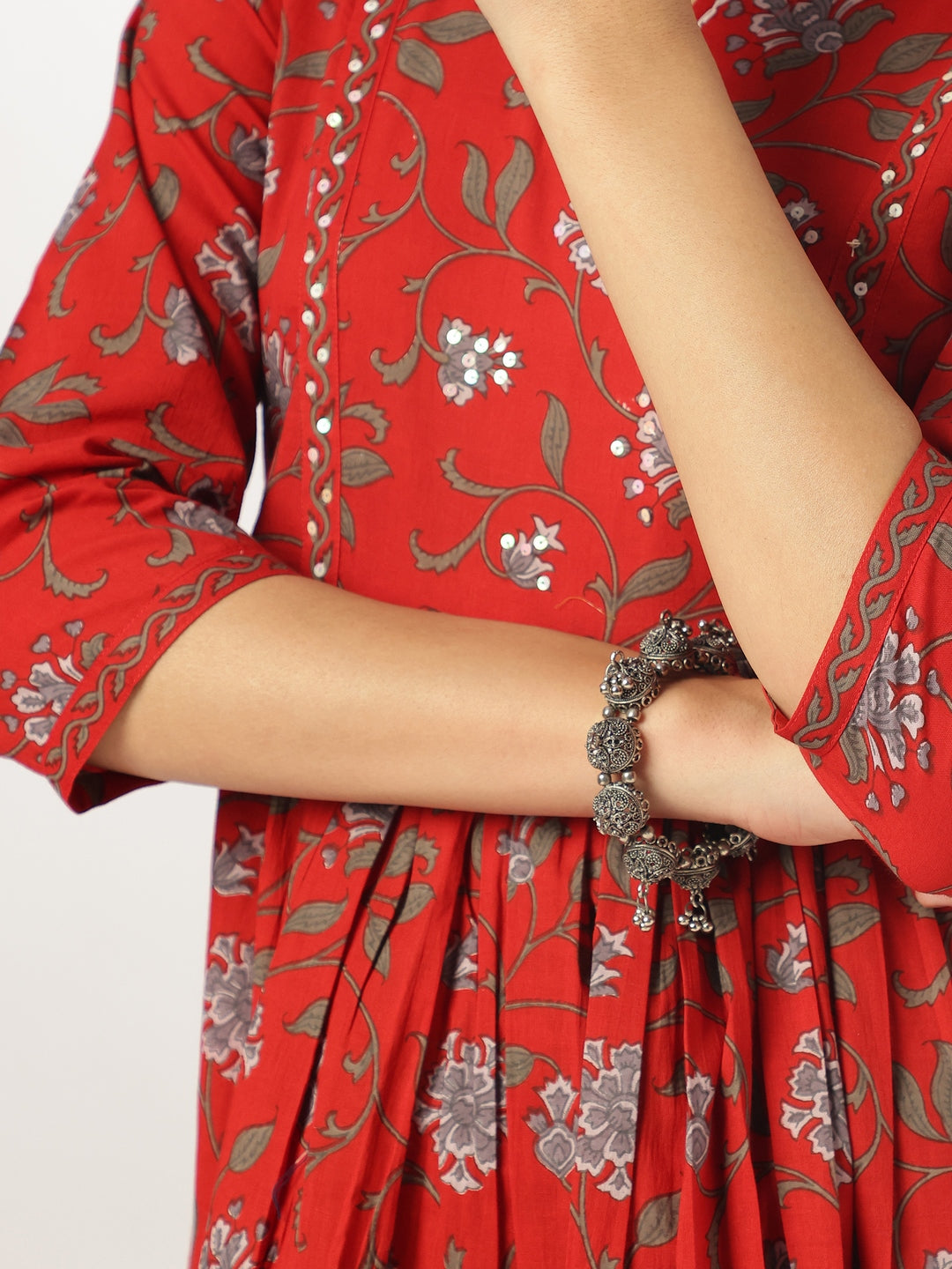 Janasya Dark Cotton Floral A-Line Kurta Set