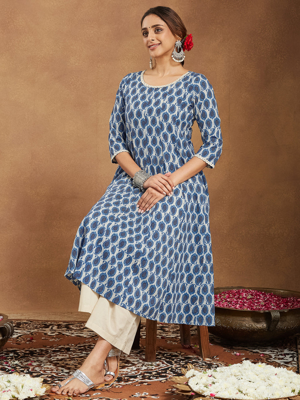 Janasya Dark Cotton Paisley Anarkali Kurta Set