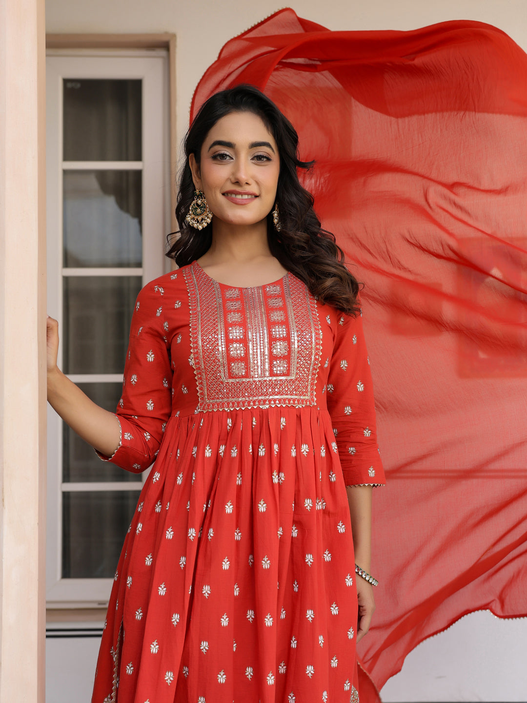 Janasya Bright Cotton Foil Print A-Line Kurta Set