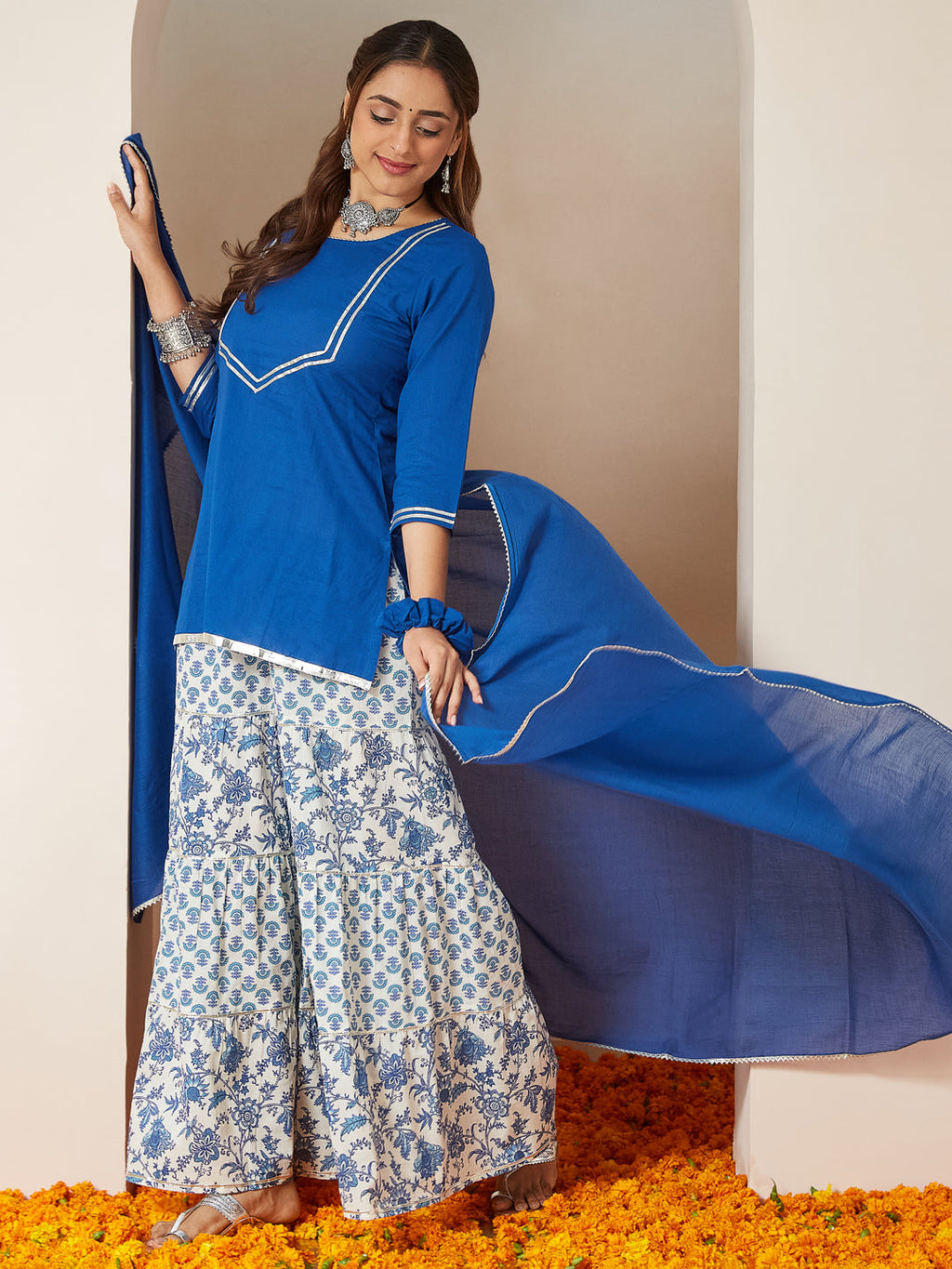 Janasya Dark Cambric Embellished A-Line Kurta Set