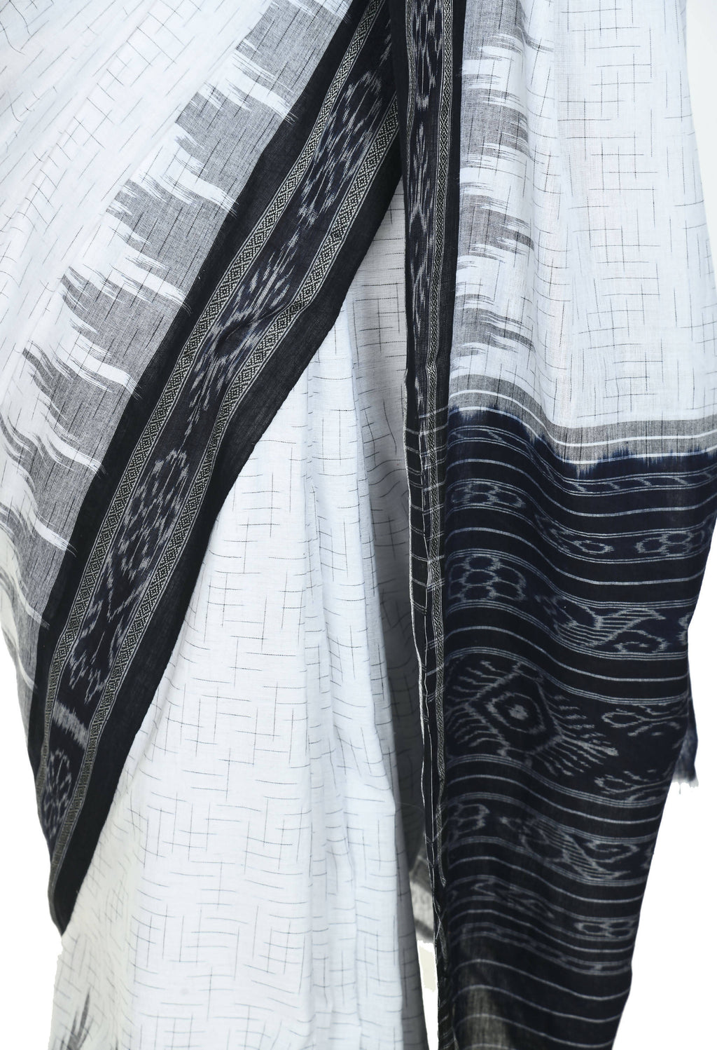 Vamika Sambalpuri Ikat Cotton Jharana White & Black Saree