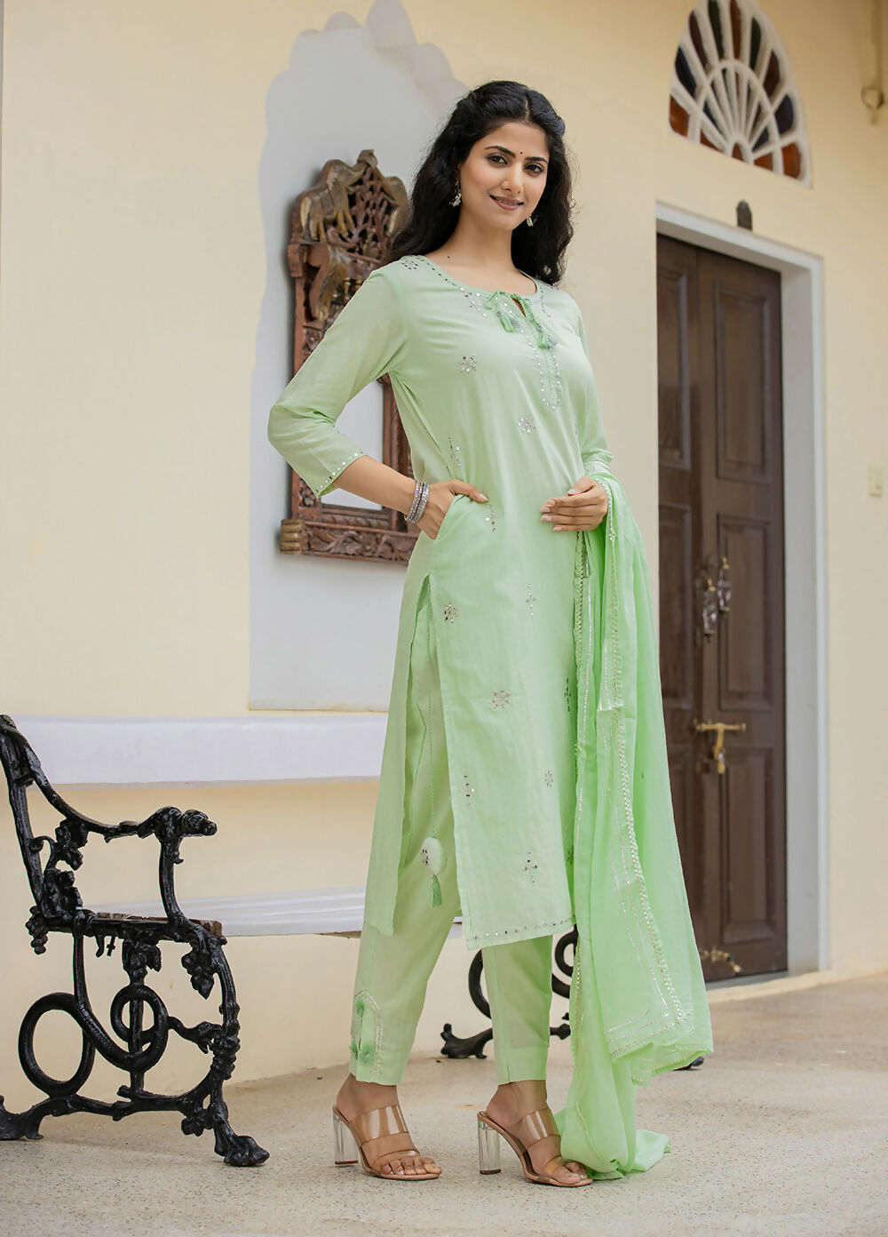 Kaajh Women's Green Mirror Embellished Cotton Suit Set