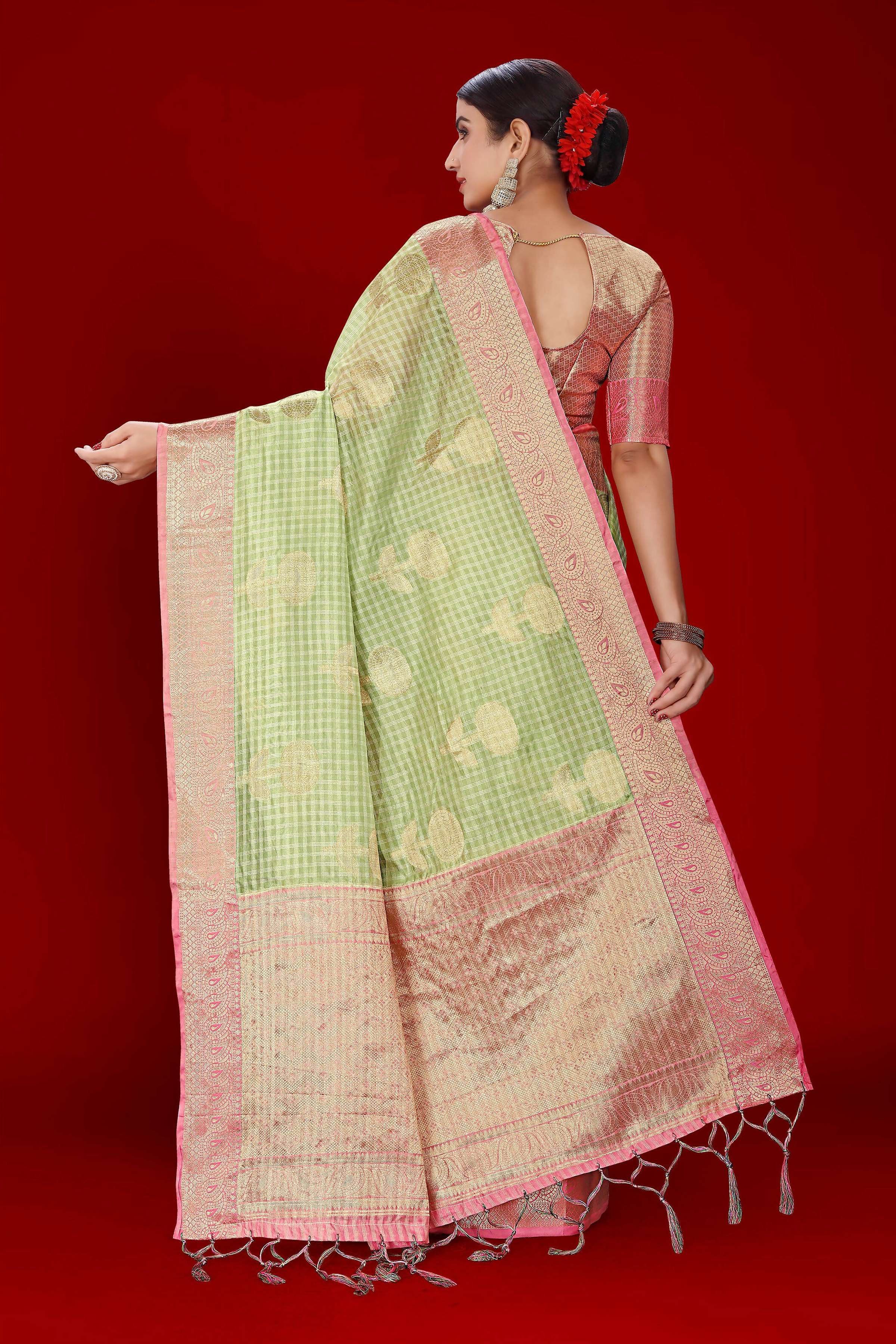 Green Soft Organza Woven Design Saree With Unstitched Blouse Piece - Zaara
