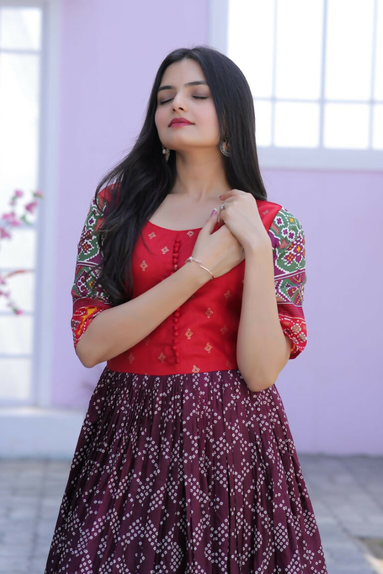 Jyoti Fashion Women's Wine Patola with Foil Print Dola Silk Anarkali Dress