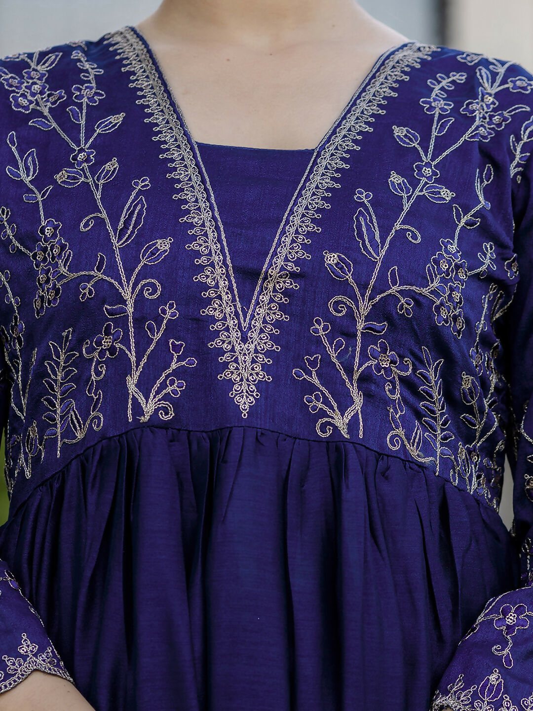 The52 Blue Women's Beautiful Embroidered Vichitra Silk Fabric with Flared Kurta, Pant and Dupatta Set
