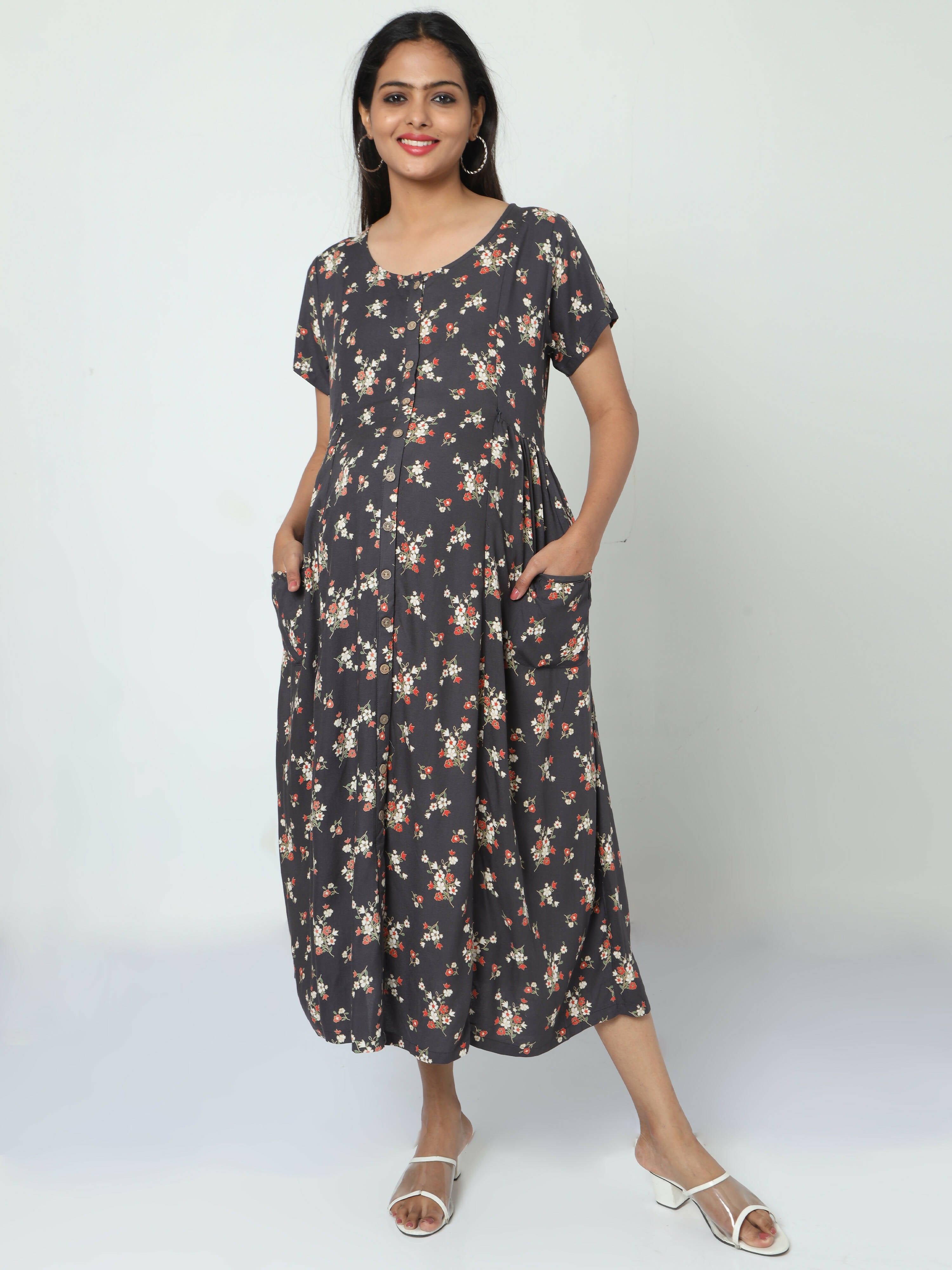 Manet Short Sleeves Maternity Dress Floral Print With Concealed Zipper Nursing Access - Navy Blue