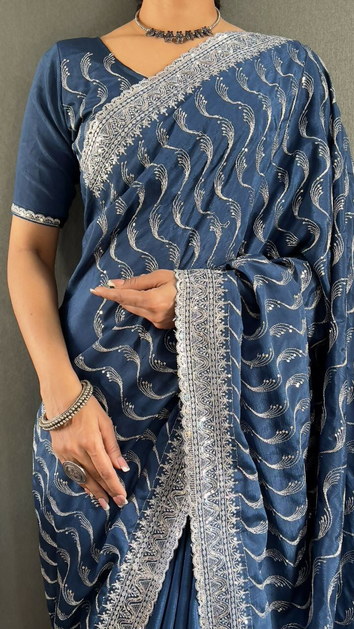 Vastranavya Sea Blue Chinnon Silk Embroidery Multi Sequence & Arco Cut Work Ready to Wear Saree