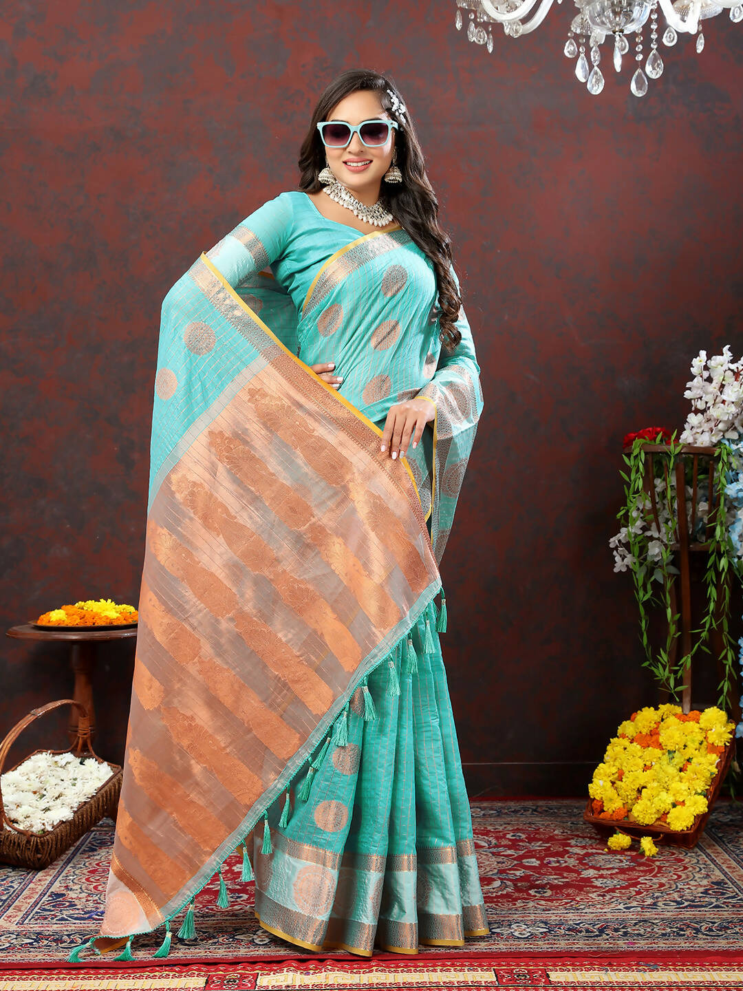 Lorenvalley Fashion Skyblue Cotton with Woven Design Zari Weaving Saree