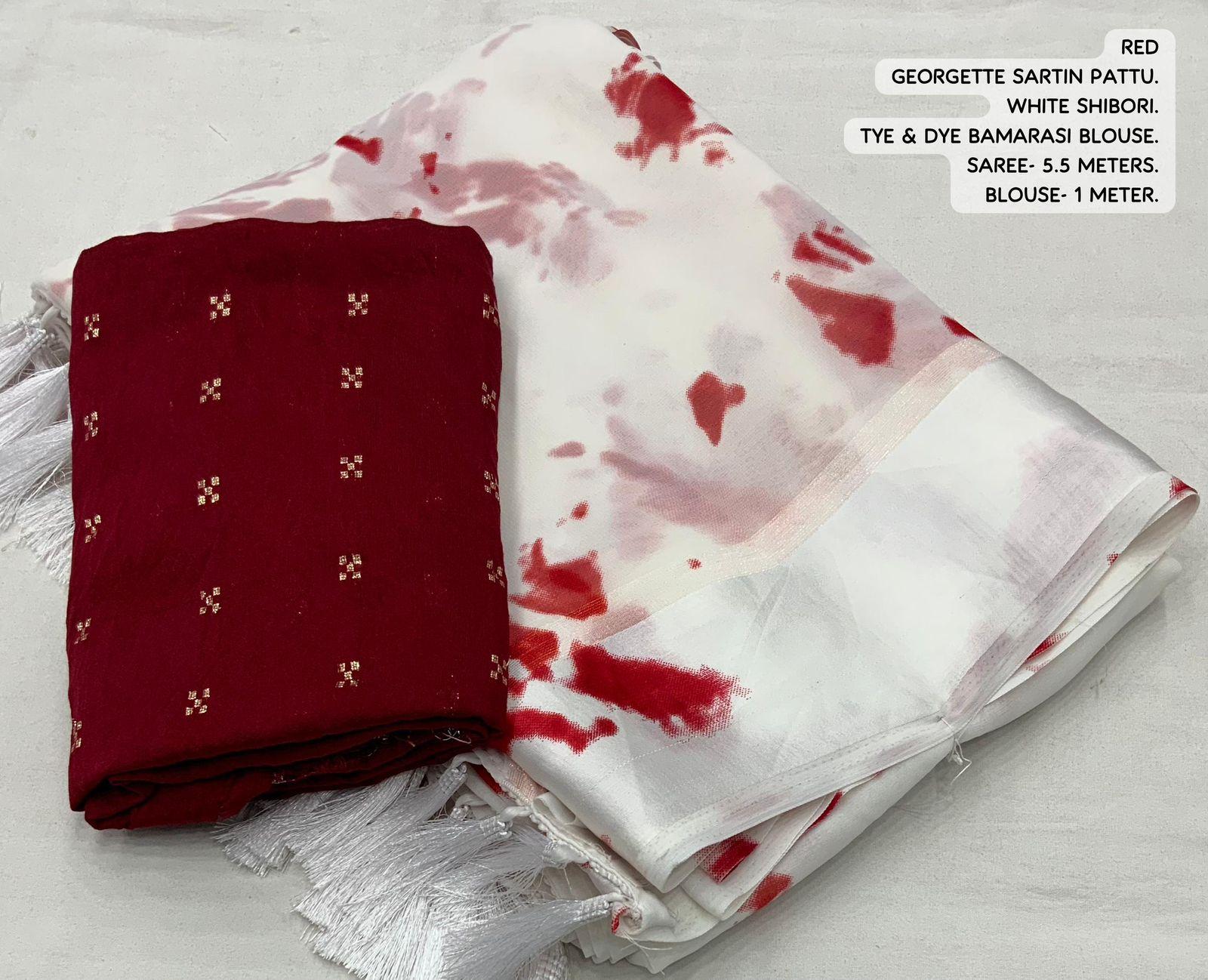 Red Poly Georgette Tie and Dye Saree with Unstitched Blouse - Hiral Fashion