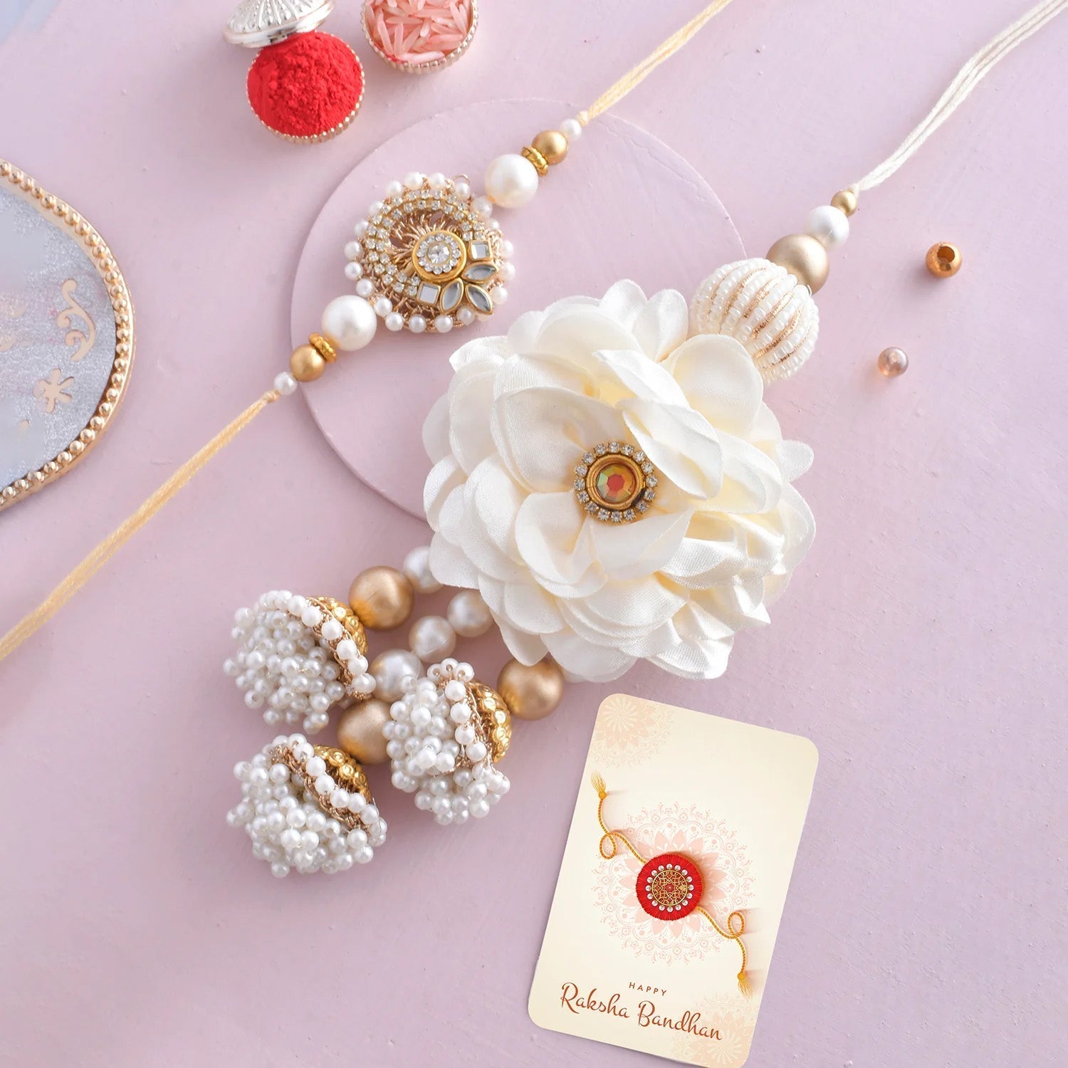 trueBrowns X Voylla White Pearls And Kundan Gems Bhaiya Bhabhi Lumba Rakhi