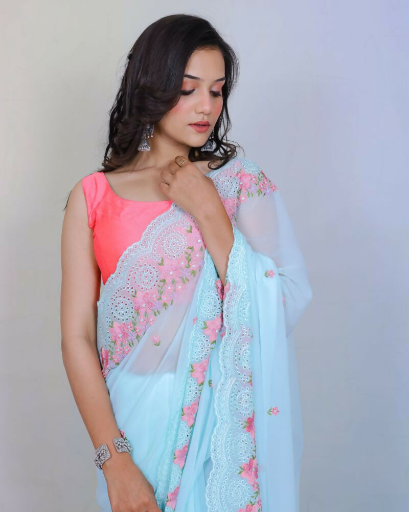 Vamsee Rashmika Sky Blue Georgette Saree