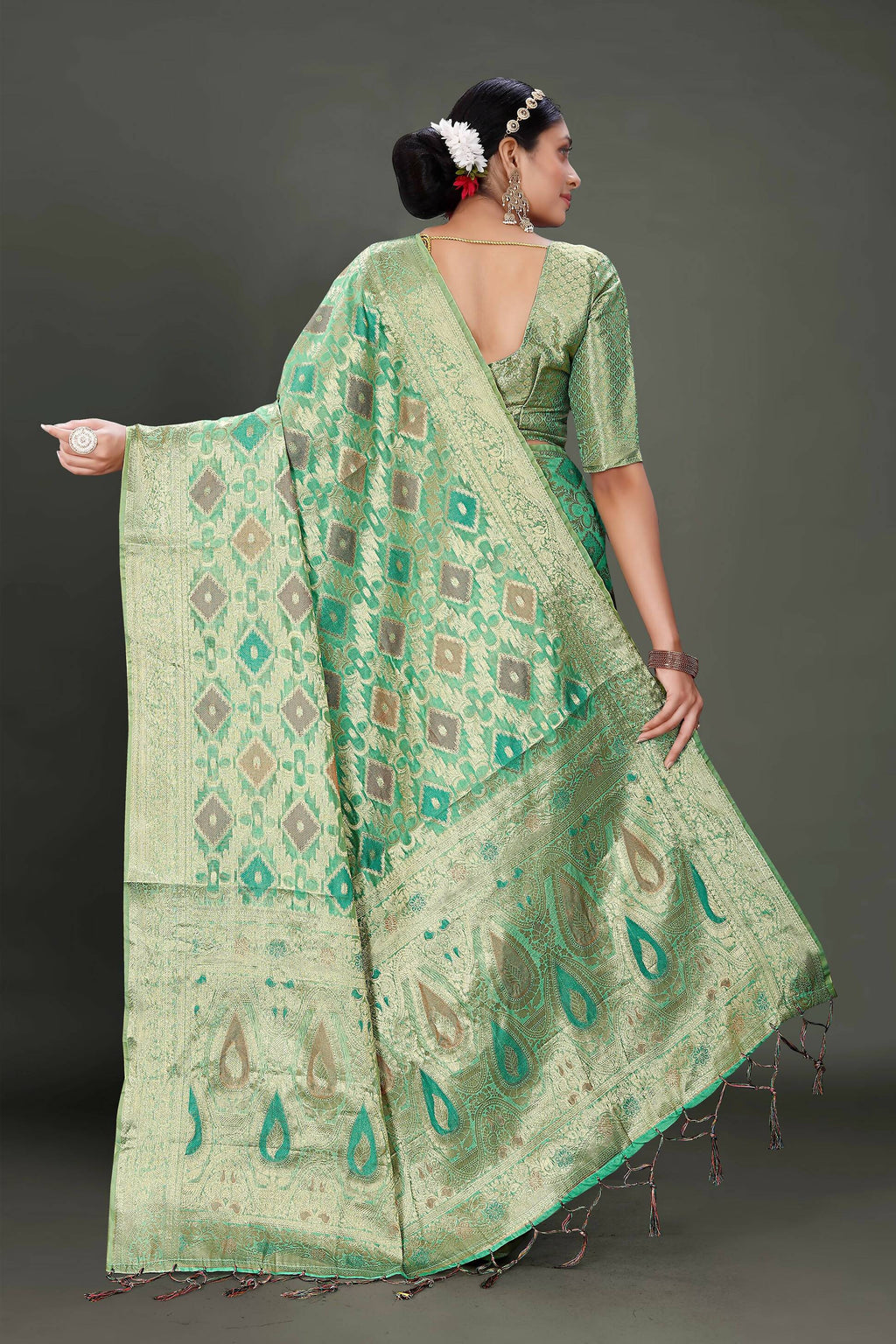Sea Green Soft Organza Woven Design Saree With Unstitched Blouse Piece - Zaara