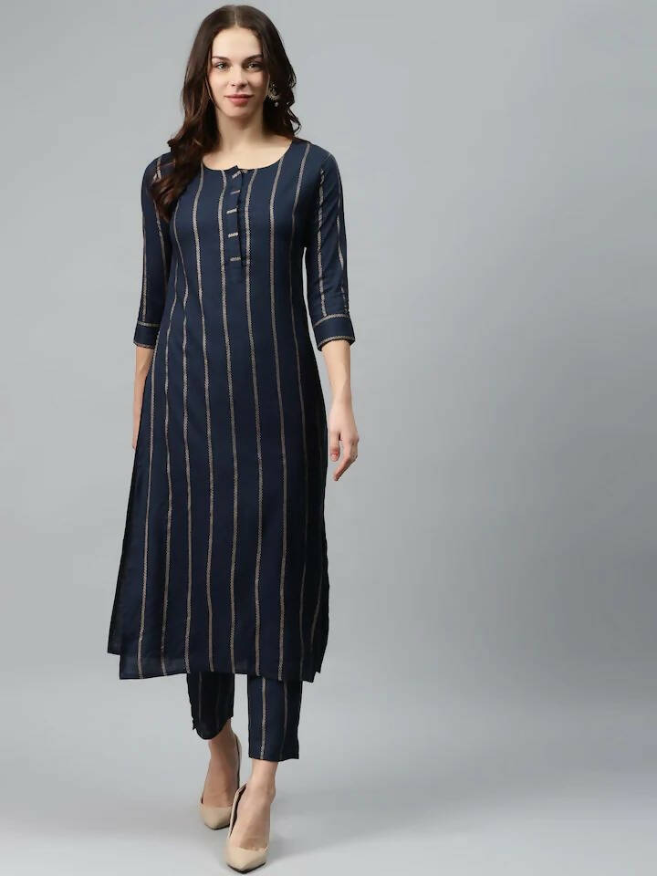 Vamika Printed Rayon Blue Party Wear/Casual Wear Kurta Set/Suit