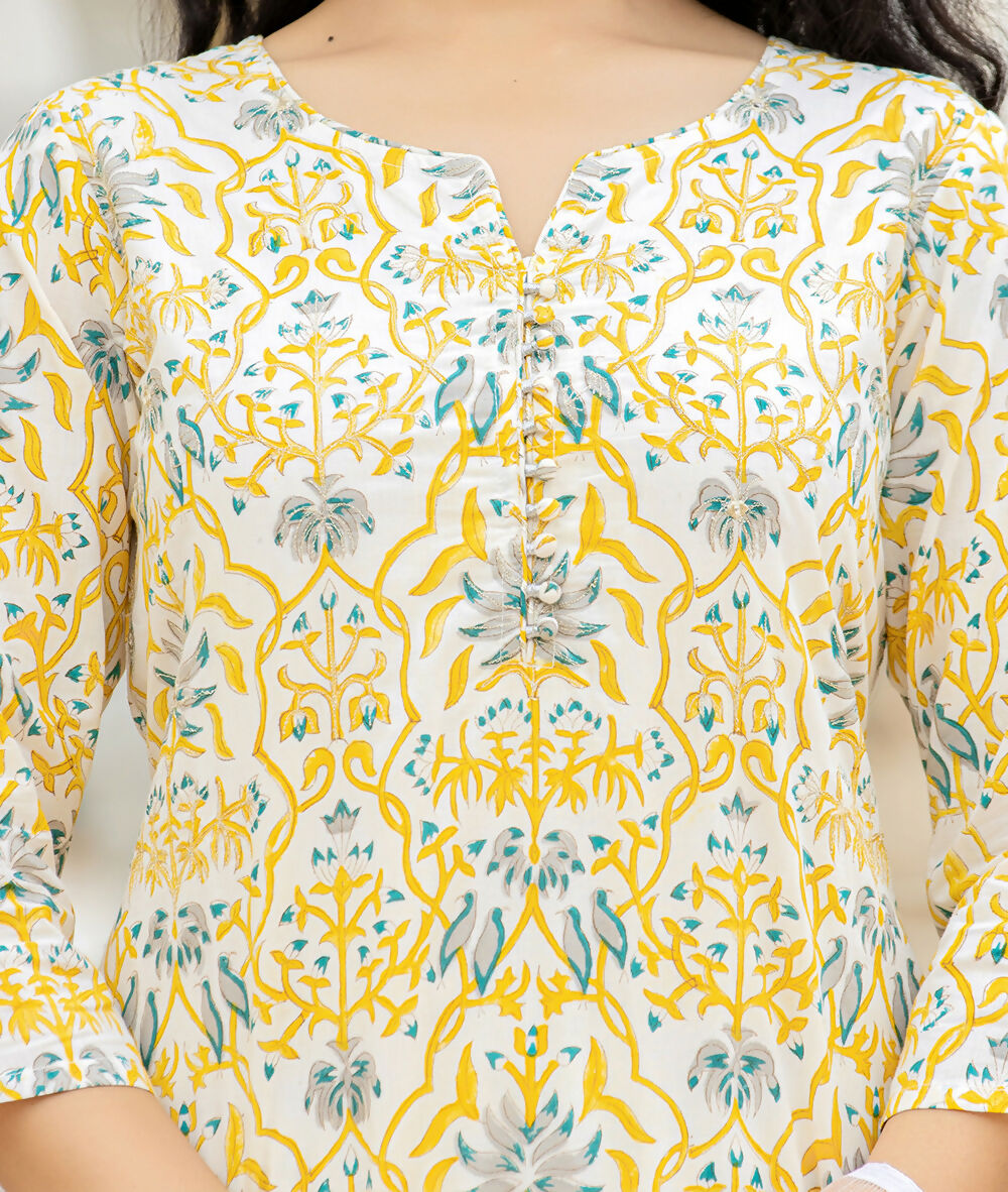 Kaajh Women's Yellow Hand Block Print Suit Set