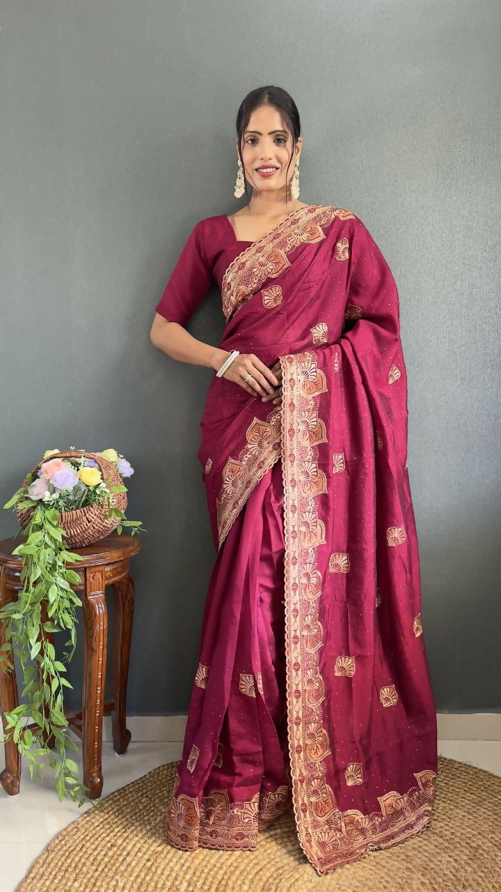Vastranavya Pink Vichitra Silk Zari with Swarovski Work Ready to Wear Saree