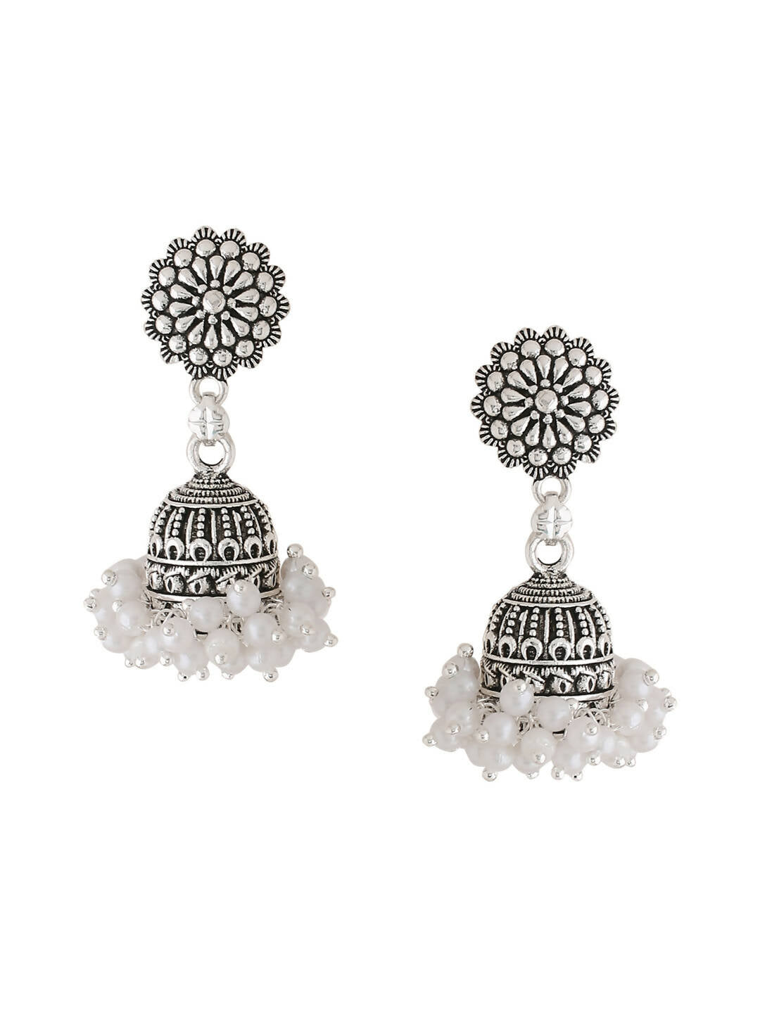 NVR Women Silver Toned Dome Shaped Jhumkas Earrings