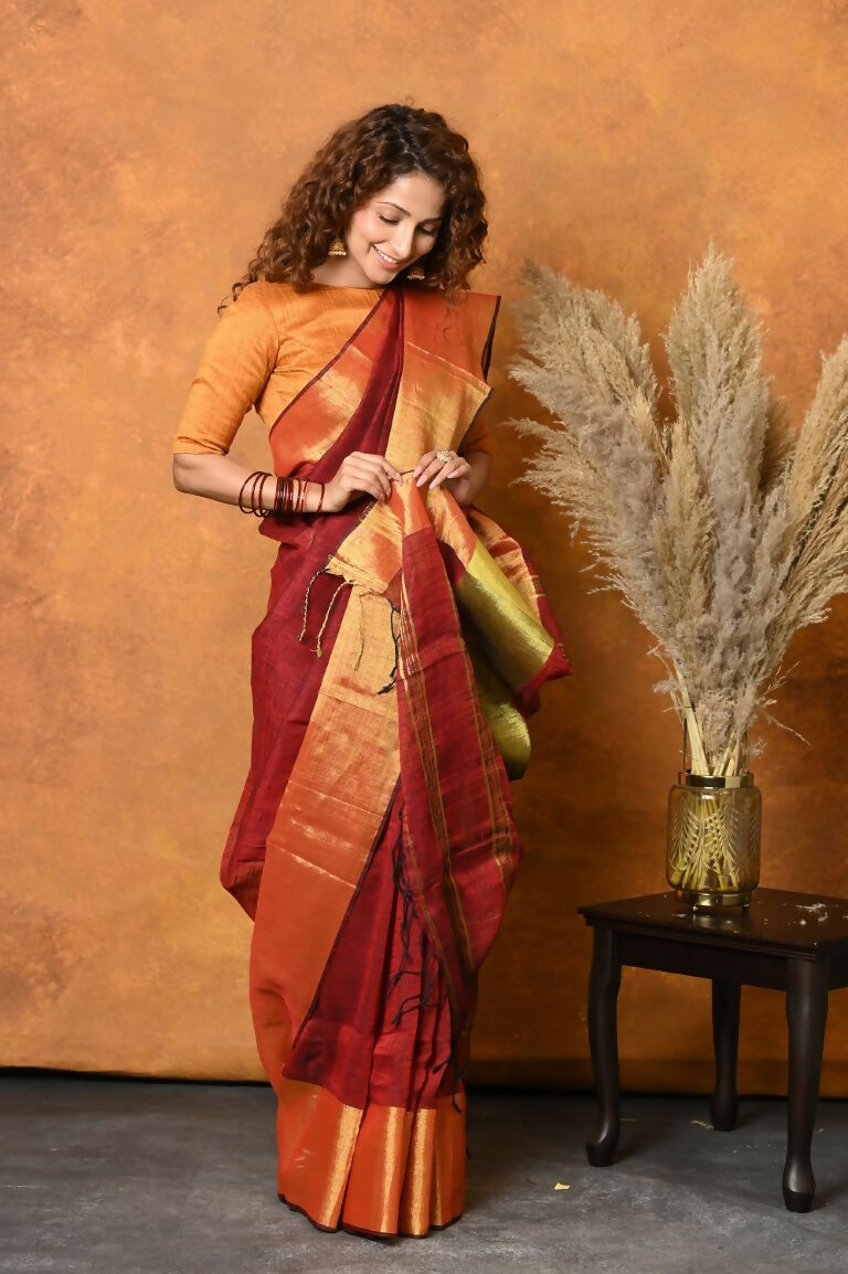 Very Much Indian Handloom Pure Cotton Linen Saree With Golden Border - Dark Maroon