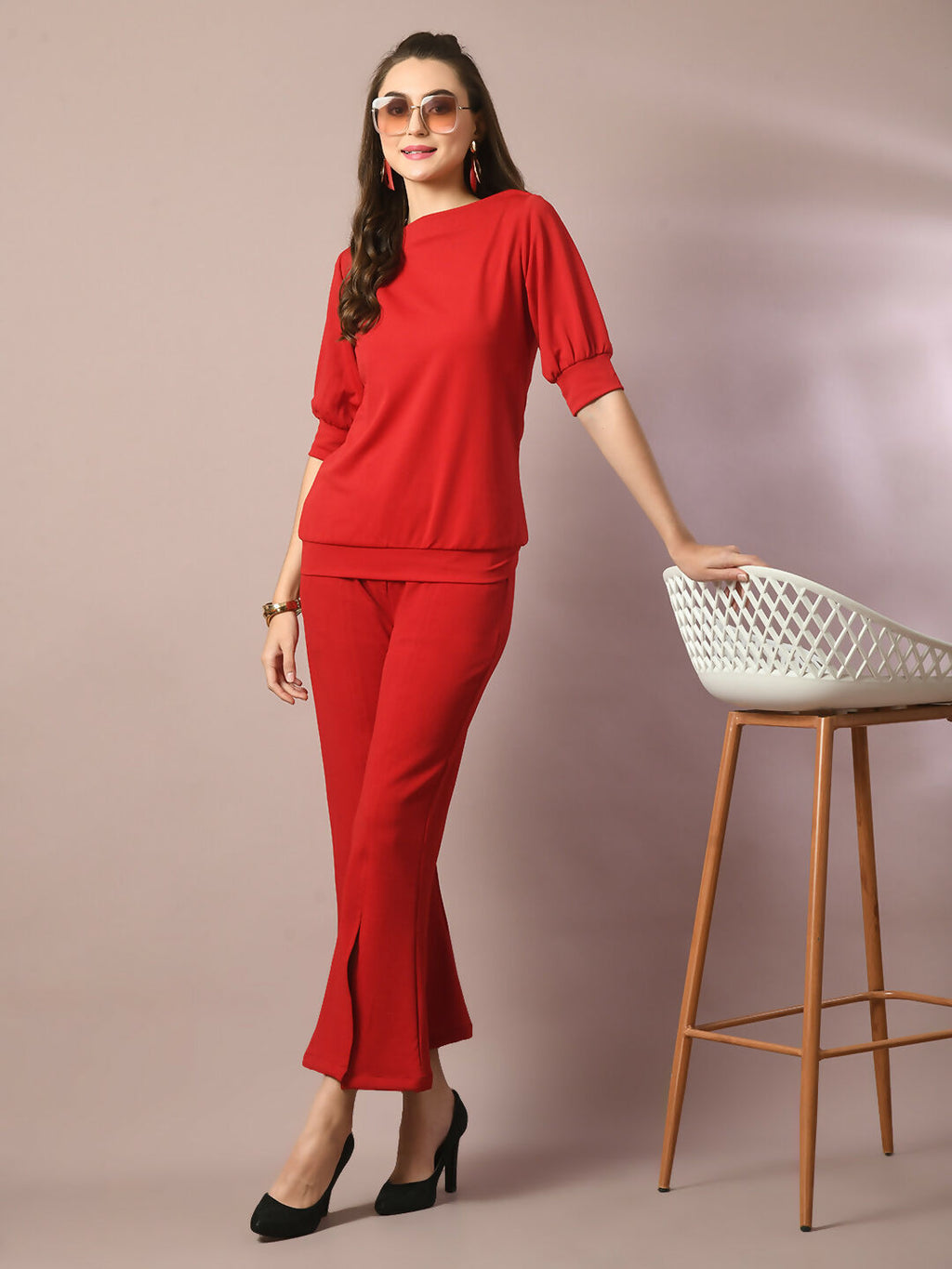 Myshka Women's Red Solid Boat Neck Party Top With Trousers Co-ord set