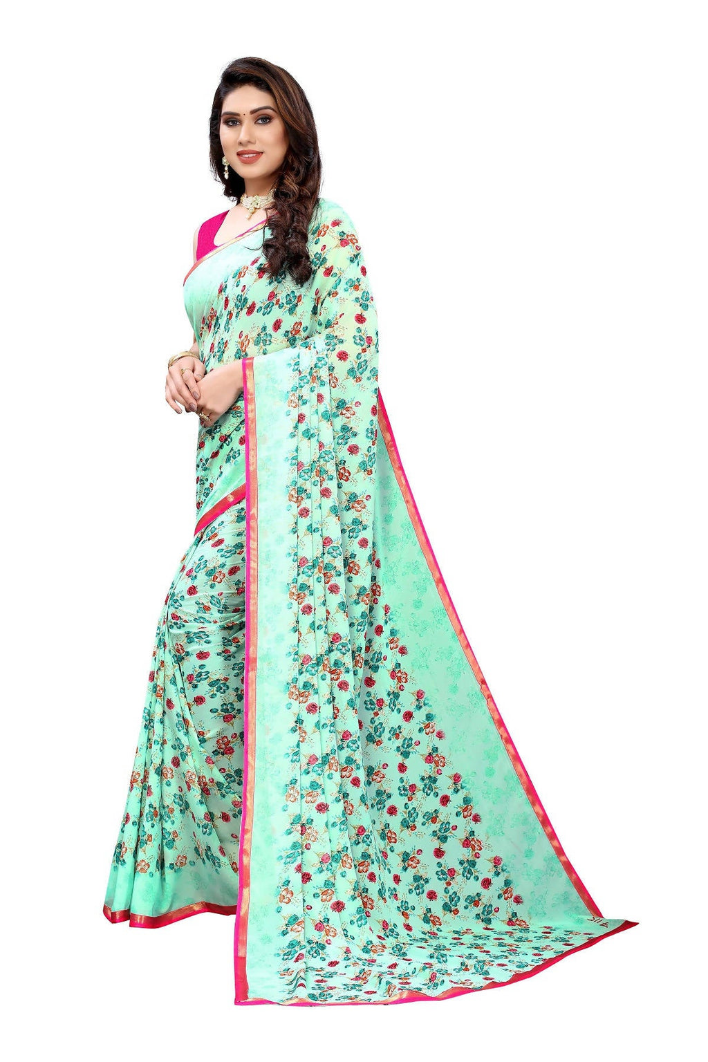 Vamika Ethnic Fire Green Printed With Lace Saree