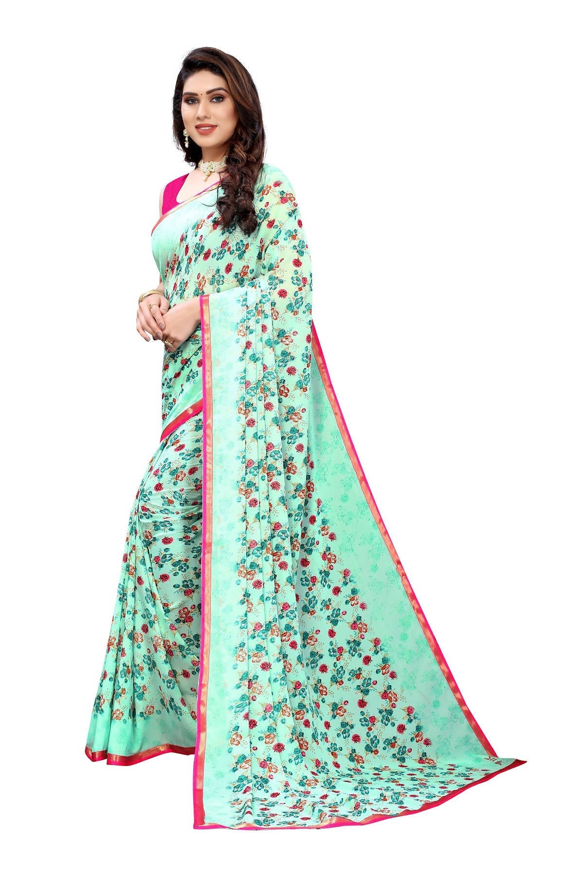 Vamika Ethnic Fire Green Printed With Lace Saree