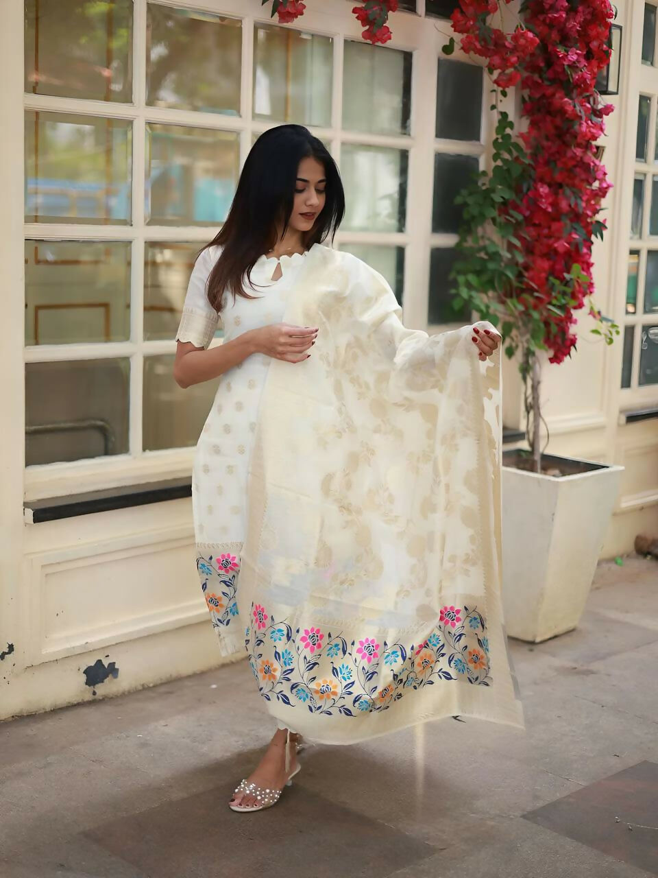 The52 White Women's Beautiful Viscose Jacquard Fabric Printed Work Straight Kurta Pant and Dupatta Set