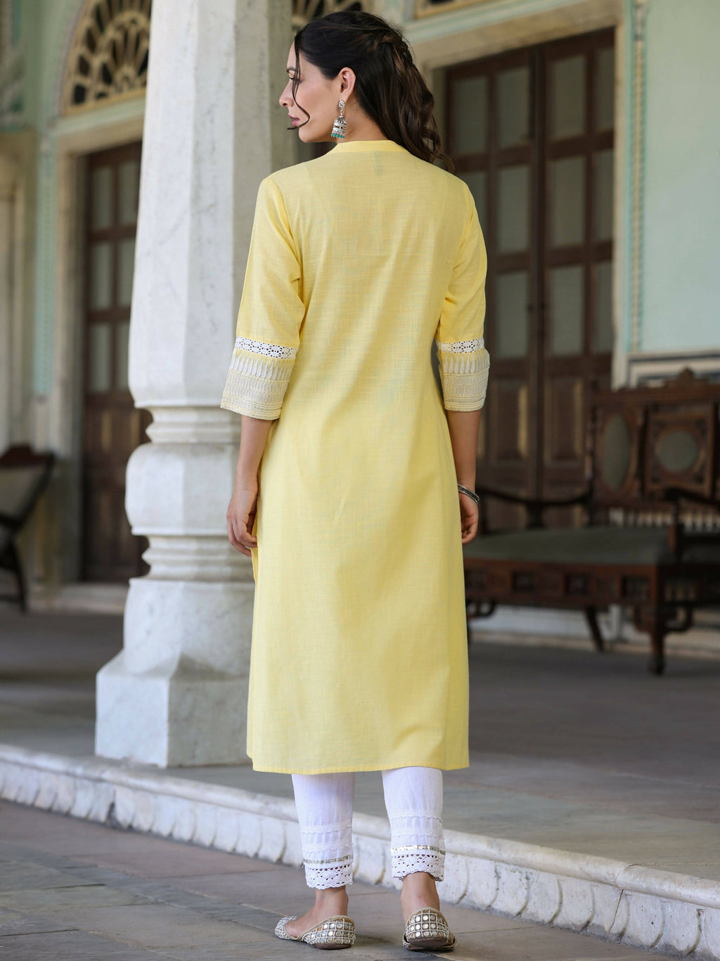 Juniper Women's Yellow Cotton Slub Embroidered Straight Kurta