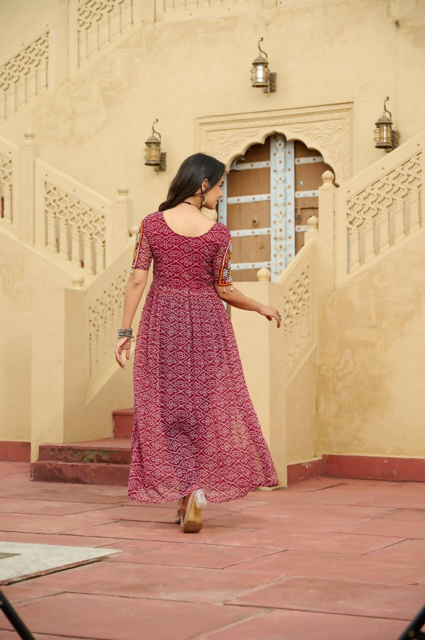 Vastranavya Maroon Navratri Special Kutchi Patch Work with Bandhani Printed Faux Georgette Kurti
