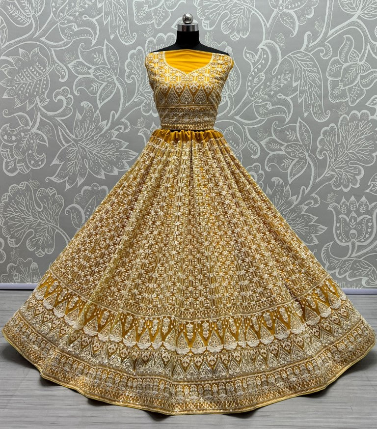 Jyoti Fashion Women's Yellow Bridal Net Fancy Sequins with Multi Thread Embroidered Wedding Lehenga Choli