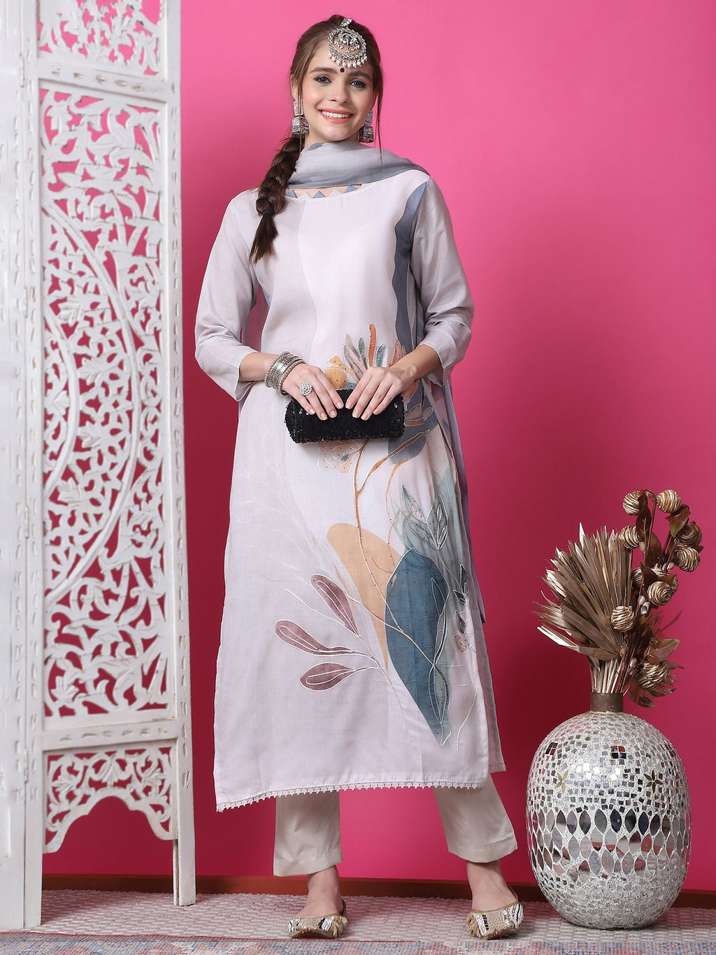 Jyoti Fashion Women's Beige Cotton Geometric Digital Print with Jari & Crystal Kurta with Trouser & Dupatta
