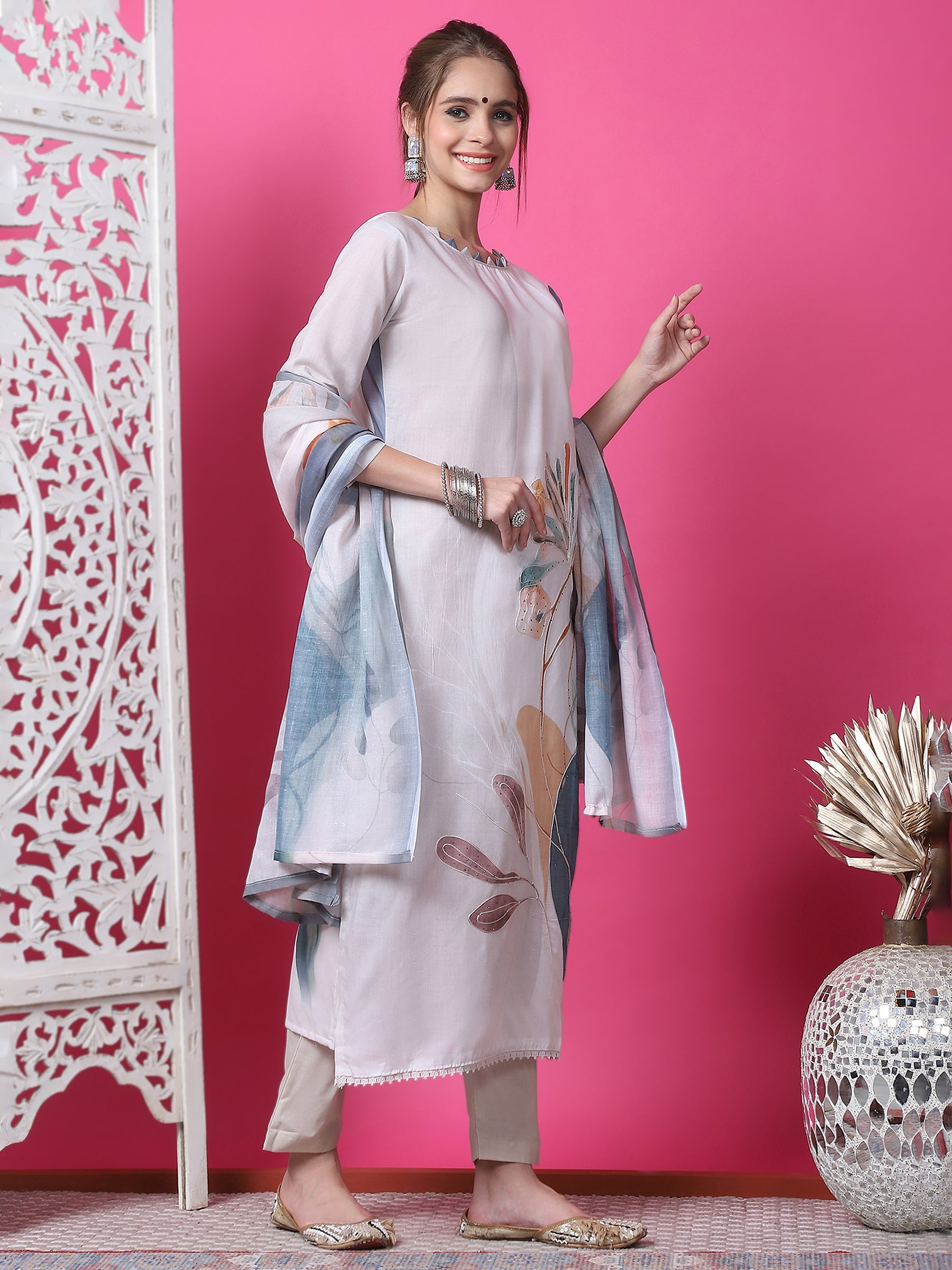 Jyoti Fashion Women's Beige Cotton Geometric Digital Print with Jari & Crystal Kurta with Trouser & Dupatta