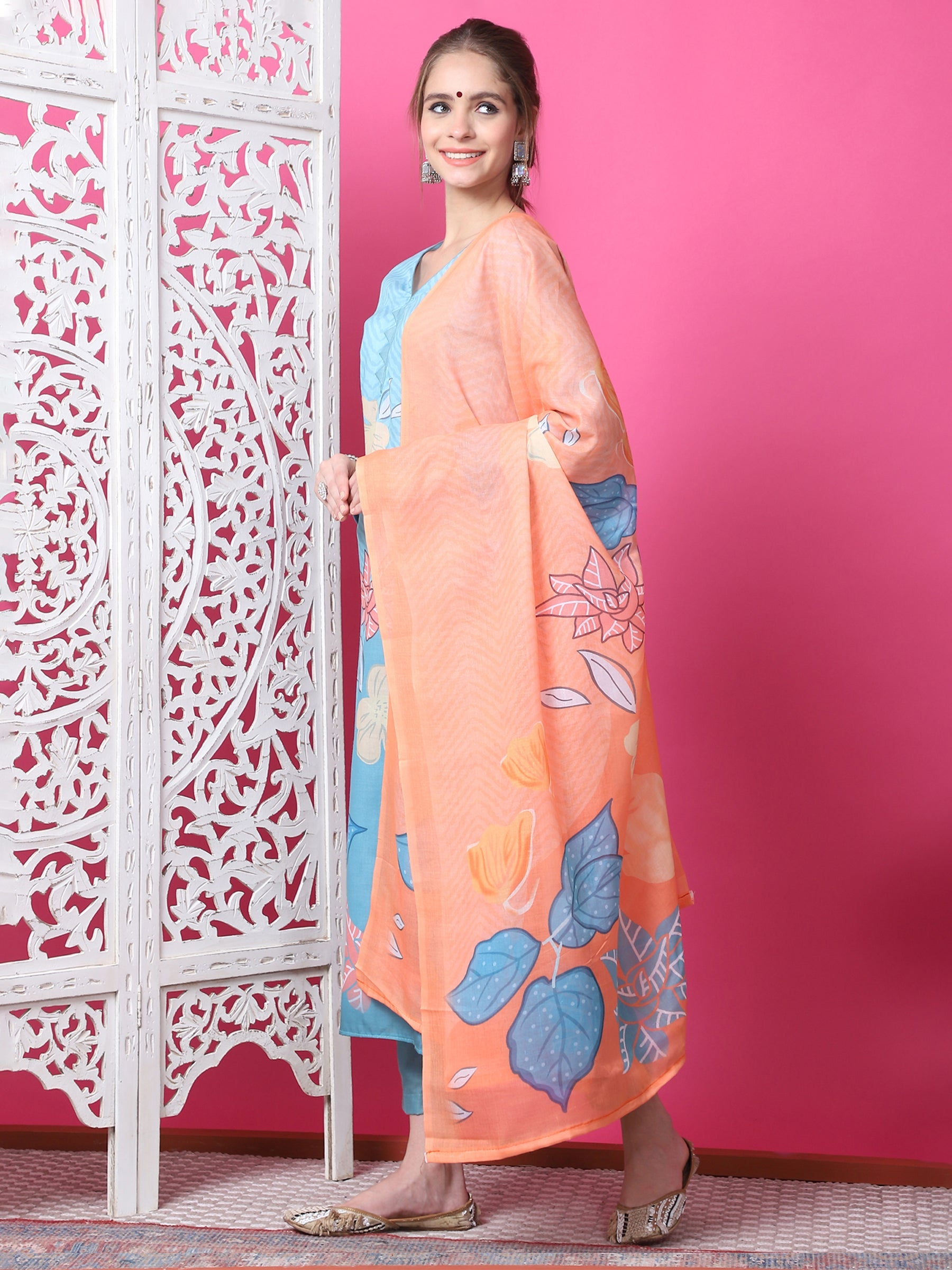 Jyoti Fashion Women's Sky Blue Cotton Geometric Digital Print with Jari & Crystal Kurta with Trouser & Dupatta