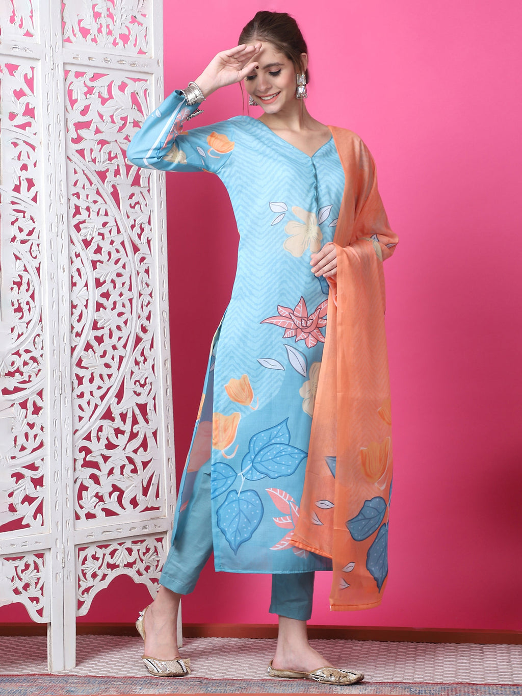 Jyoti Fashion Women's Sky Blue Cotton Geometric Digital Print with Jari & Crystal Kurta with Trouser & Dupatta