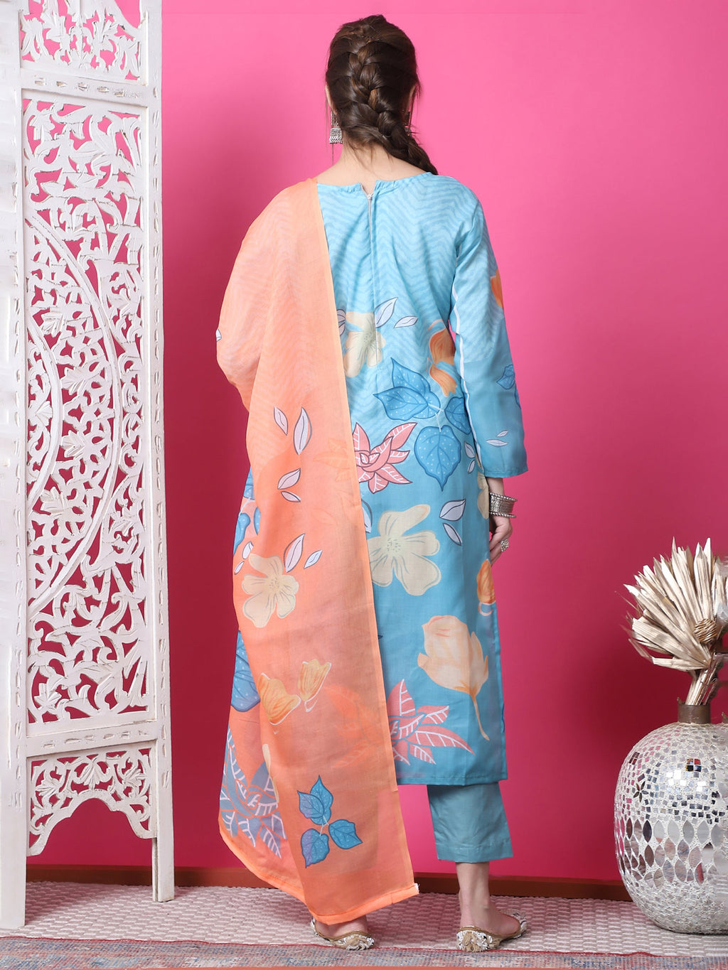 Jyoti Fashion Women's Sky Blue Cotton Geometric Digital Print with Jari & Crystal Kurta with Trouser & Dupatta