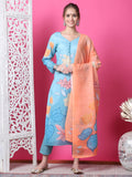 Jyoti Fashion Women's Sky Blue Cotton Geometric Digital Print with Jari & Crystal Kurta with Trouser & Dupatta