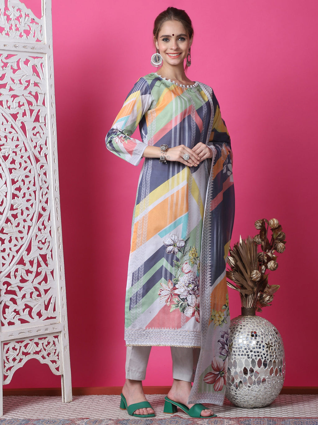 Jyoti Fashion Women's Multicolor Cotton Geometric Digital Print with Jari & Crystal Kurta with Trouser & Dupatta