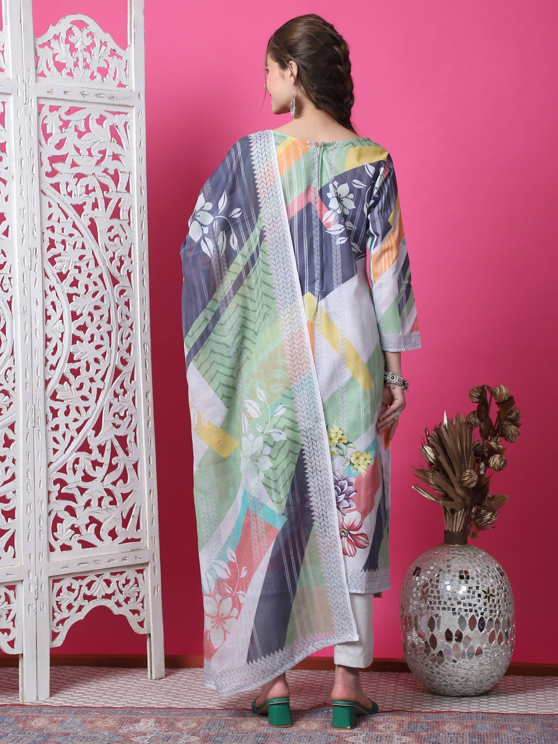 Jyoti Fashion Women's Multicolor Cotton Geometric Digital Print with Jari & Crystal Kurta with Trouser & Dupatta