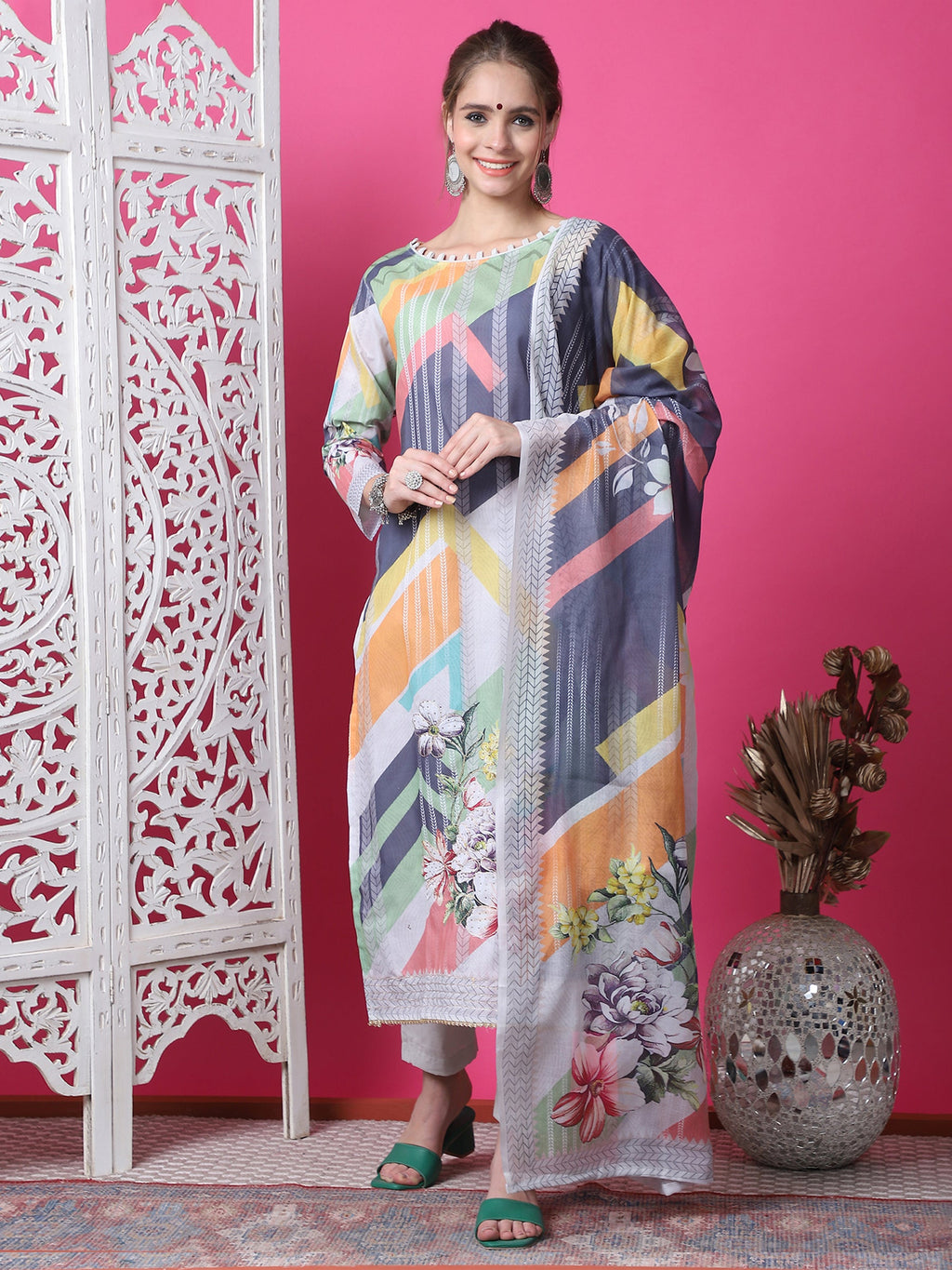 Jyoti Fashion Women's Multicolor Cotton Geometric Digital Print with Jari & Crystal Kurta with Trouser & Dupatta