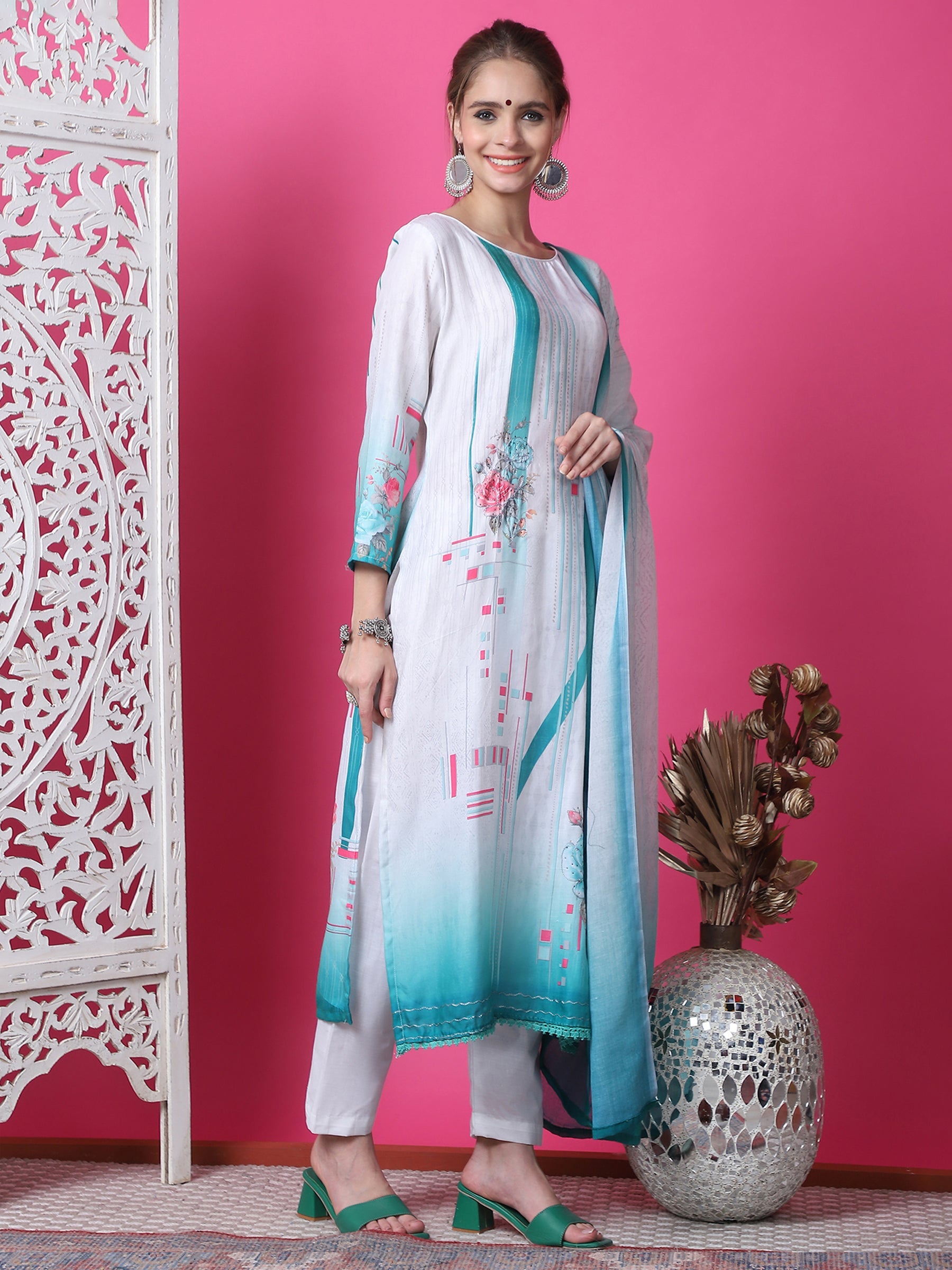 Jyoti Fashion Women's Multicolor Cotton Geometric Digital Print with Jari & Crystal Kurta with Trouser & Dupatta