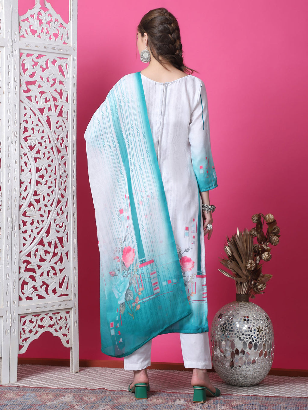 Jyoti Fashion Women's Multicolor Cotton Geometric Digital Print with Jari & Crystal Kurta with Trouser & Dupatta