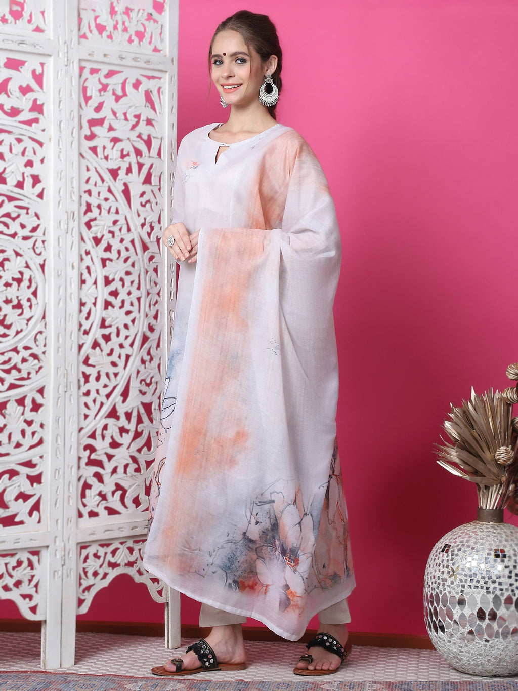 Jyoti Fashion Women's Beige Cotton Geometric Digital Print with Jari & Crystal Kurta with Trouser & Dupatta