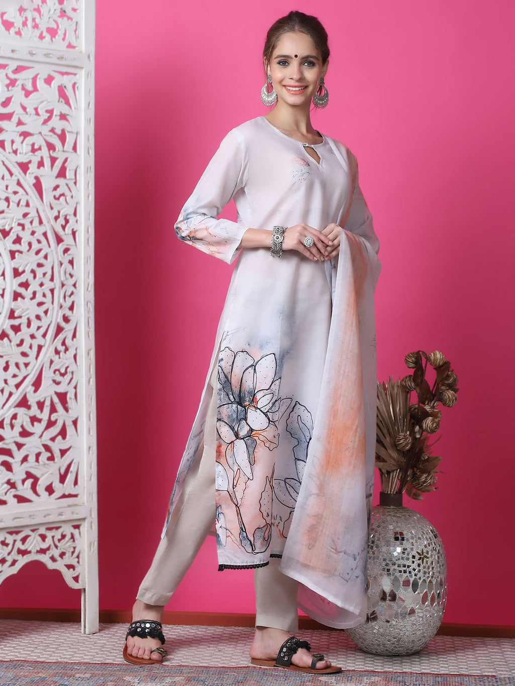 Jyoti Fashion Women's Beige Cotton Geometric Digital Print with Jari & Crystal Kurta with Trouser & Dupatta