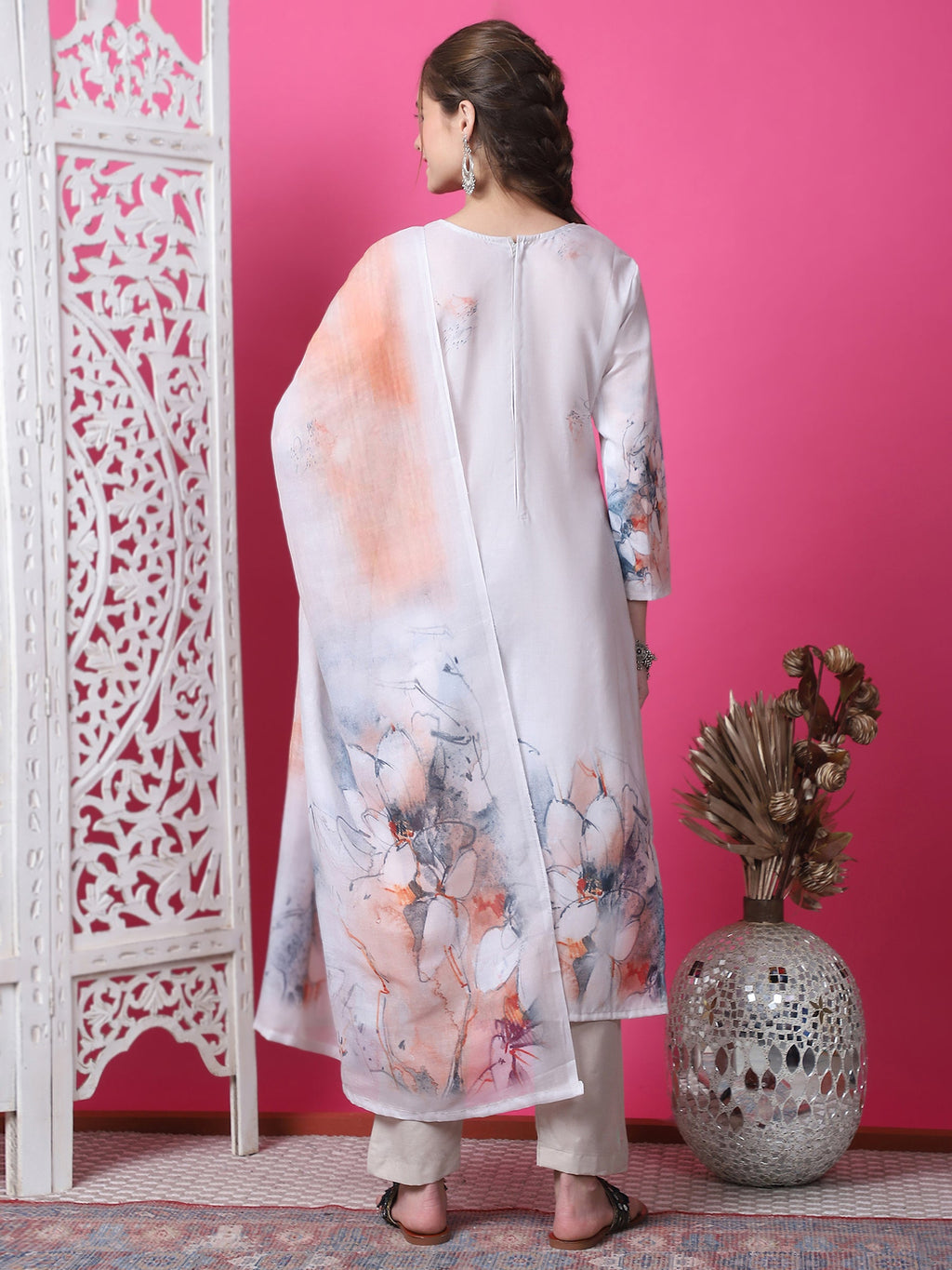 Jyoti Fashion Women's Beige Cotton Geometric Digital Print with Jari & Crystal Kurta with Trouser & Dupatta